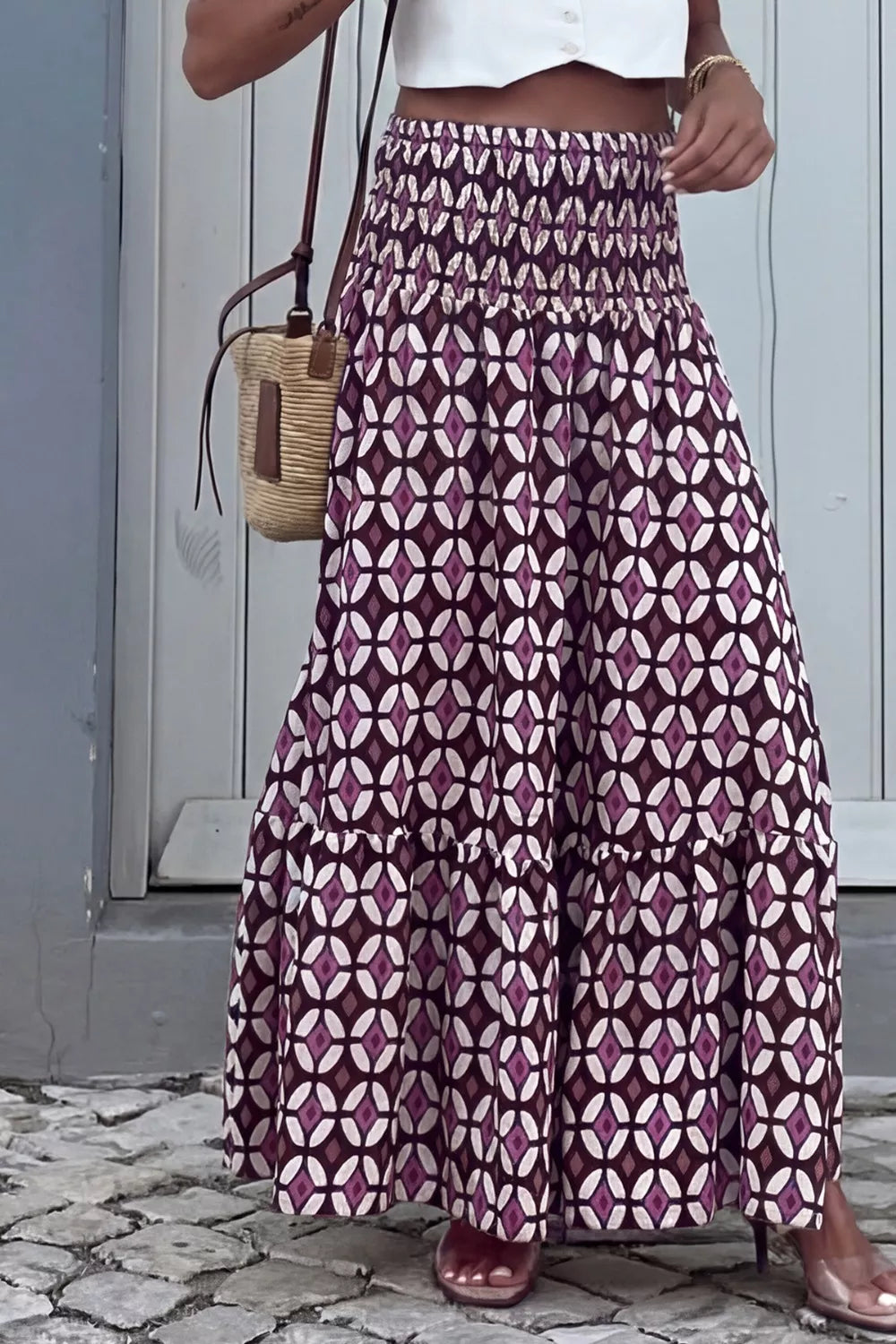 Geometric Print Smocked Waist Maxi Skirt in Mauve