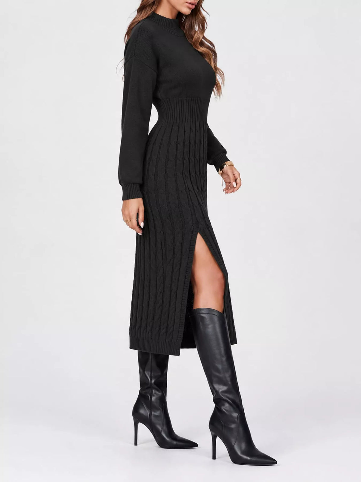 Mock Neck Cable Knit Sweater Dress with Front Slit