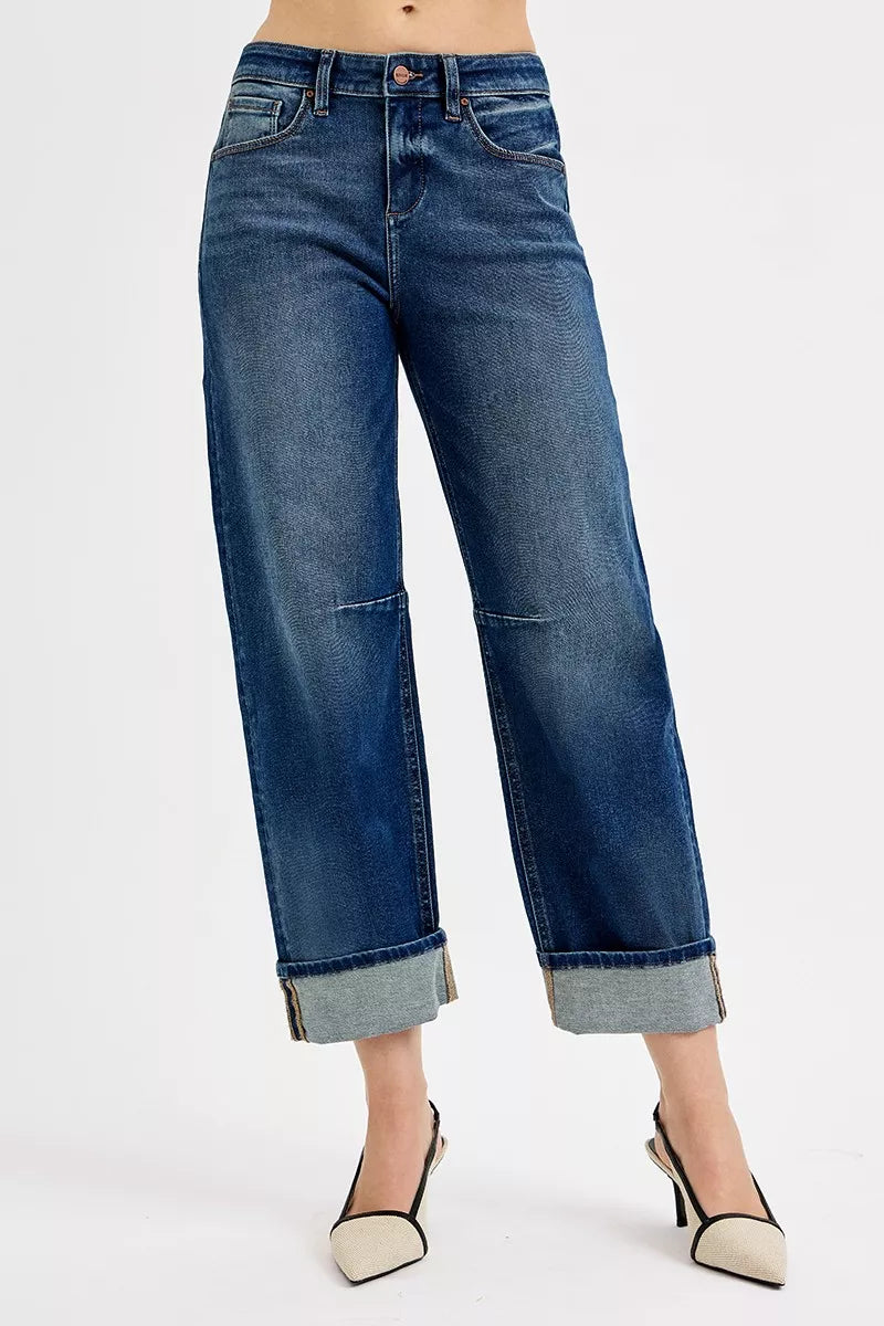 Risen Slouchy Crop Barrel Cuffed Jeans in Dark