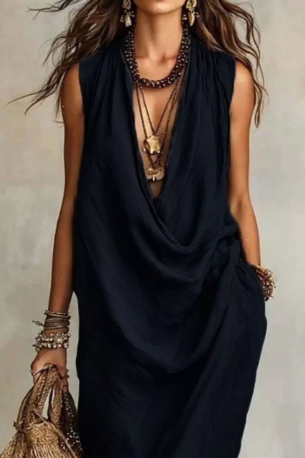 Sleeveless Drape-Neck Midi Dress with Pockets