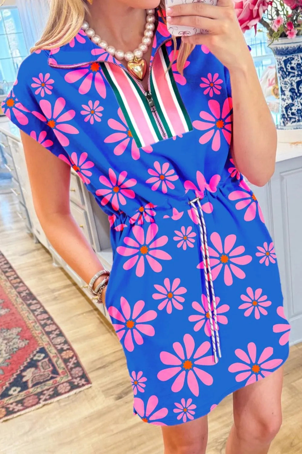 Floral Zip-Collar Drawstring Mini Dress in Blue