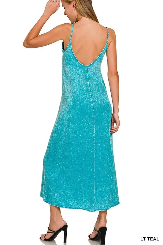 Zenana Tencel Mineral Washed Maxi Dress in Light Teal in Lt teal