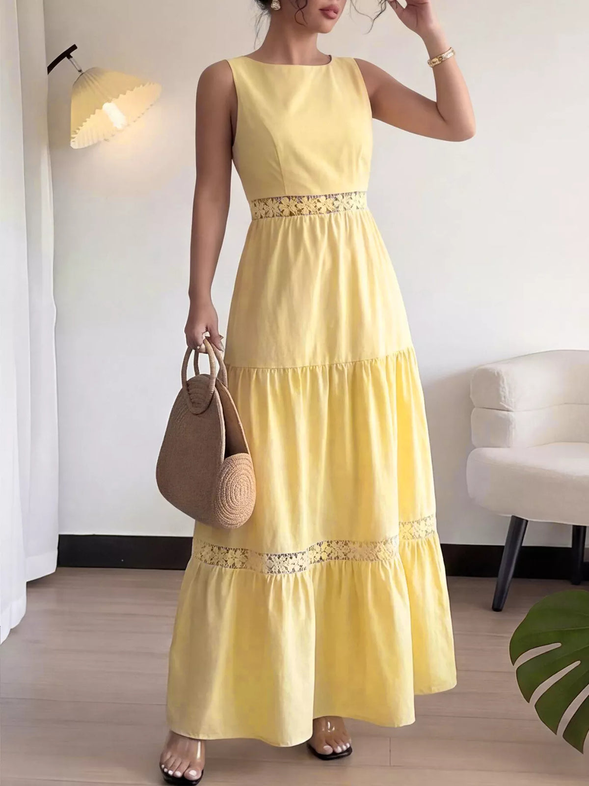 Lace-Trim Tiered Maxi Dress in Yellow