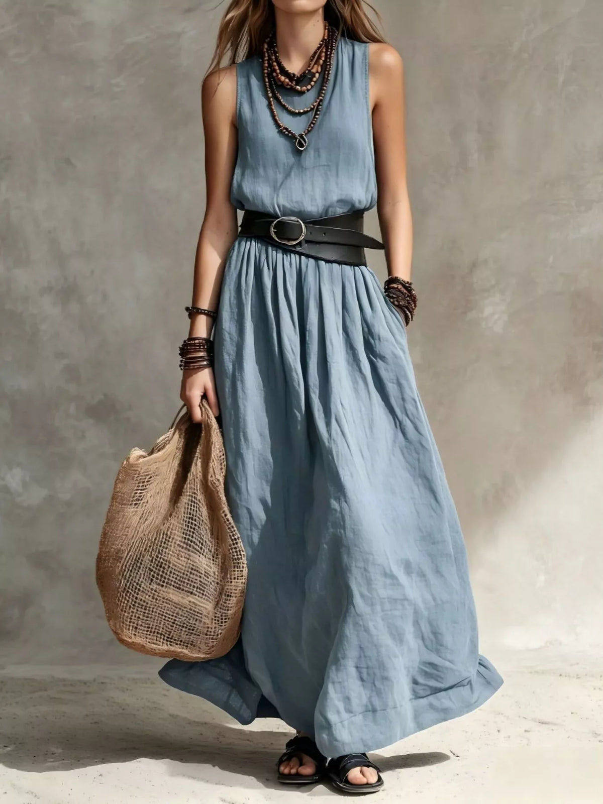 Round Neck Belted Maxi Dress