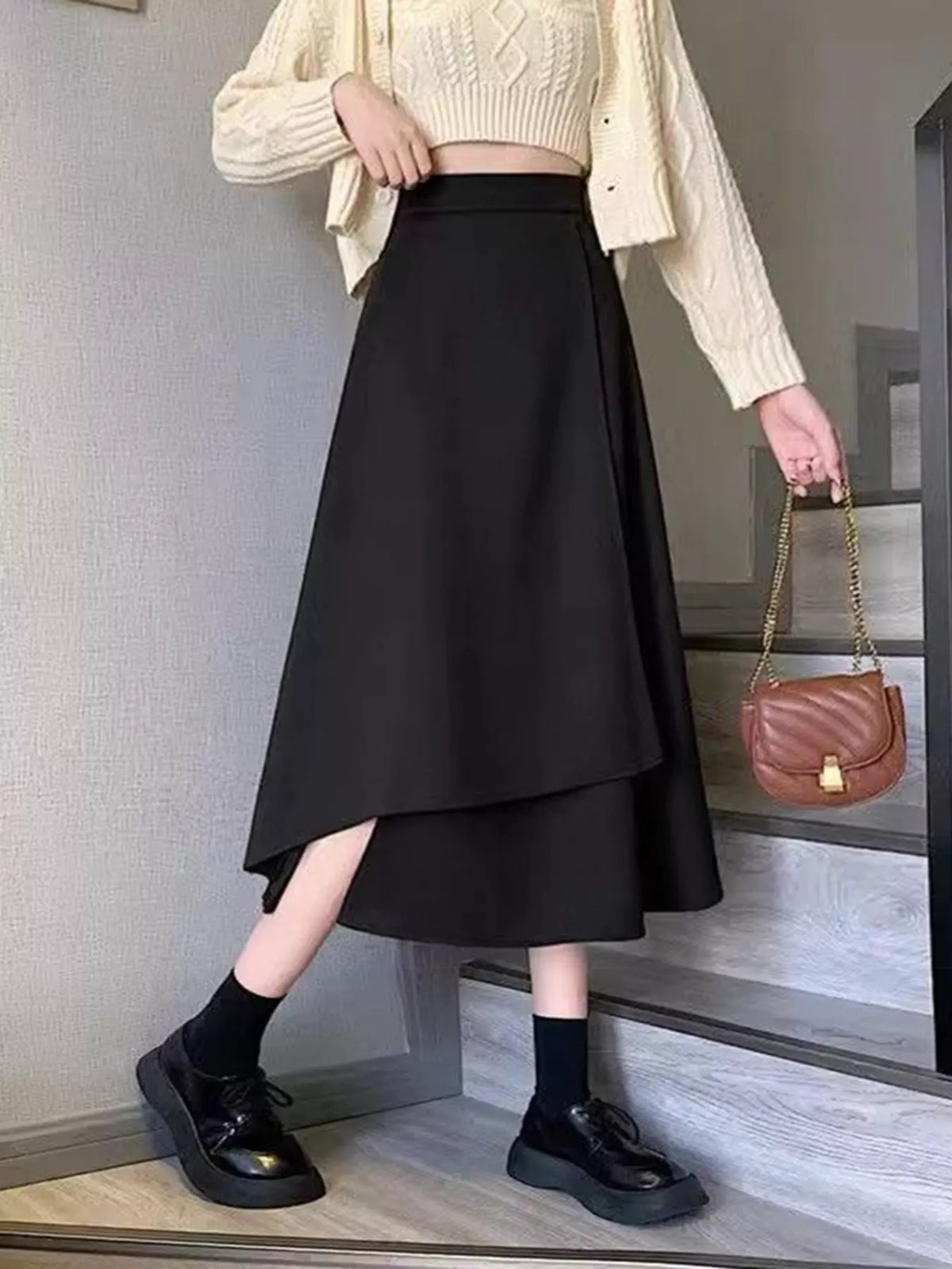 Asymmetrical Hem A-Line Skirt in Black