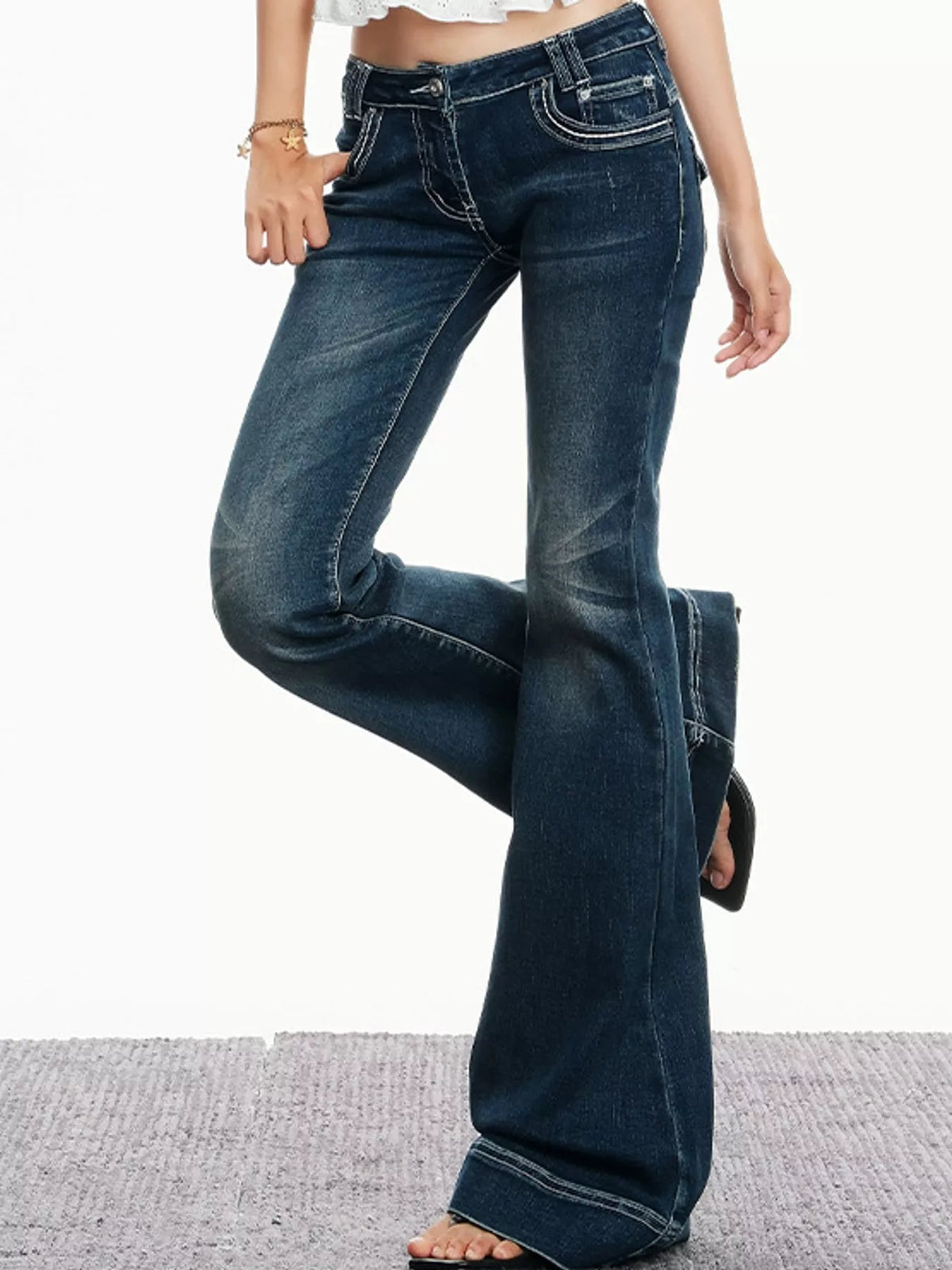 Low-Rise Flared Jeans with Contrast Stitching in Vintage Blue