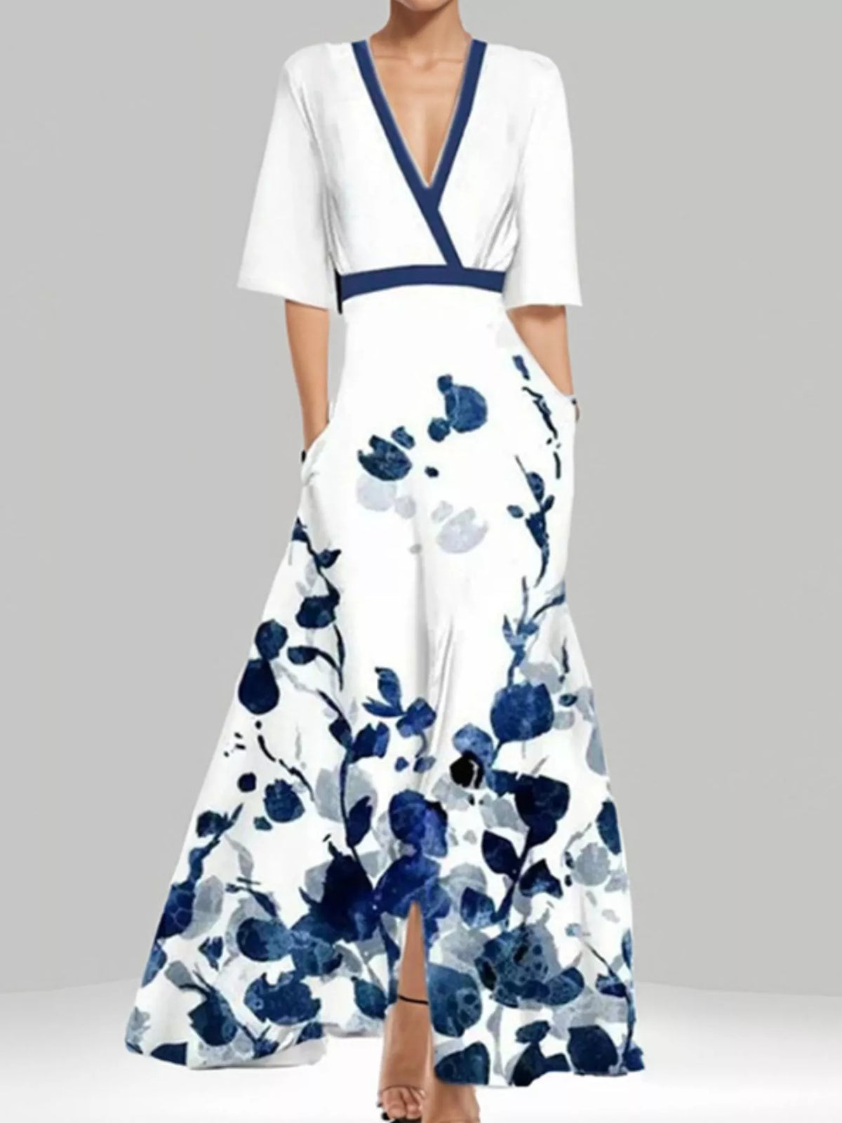Floral Print Half-Sleeve Maxi Dress with Pockets