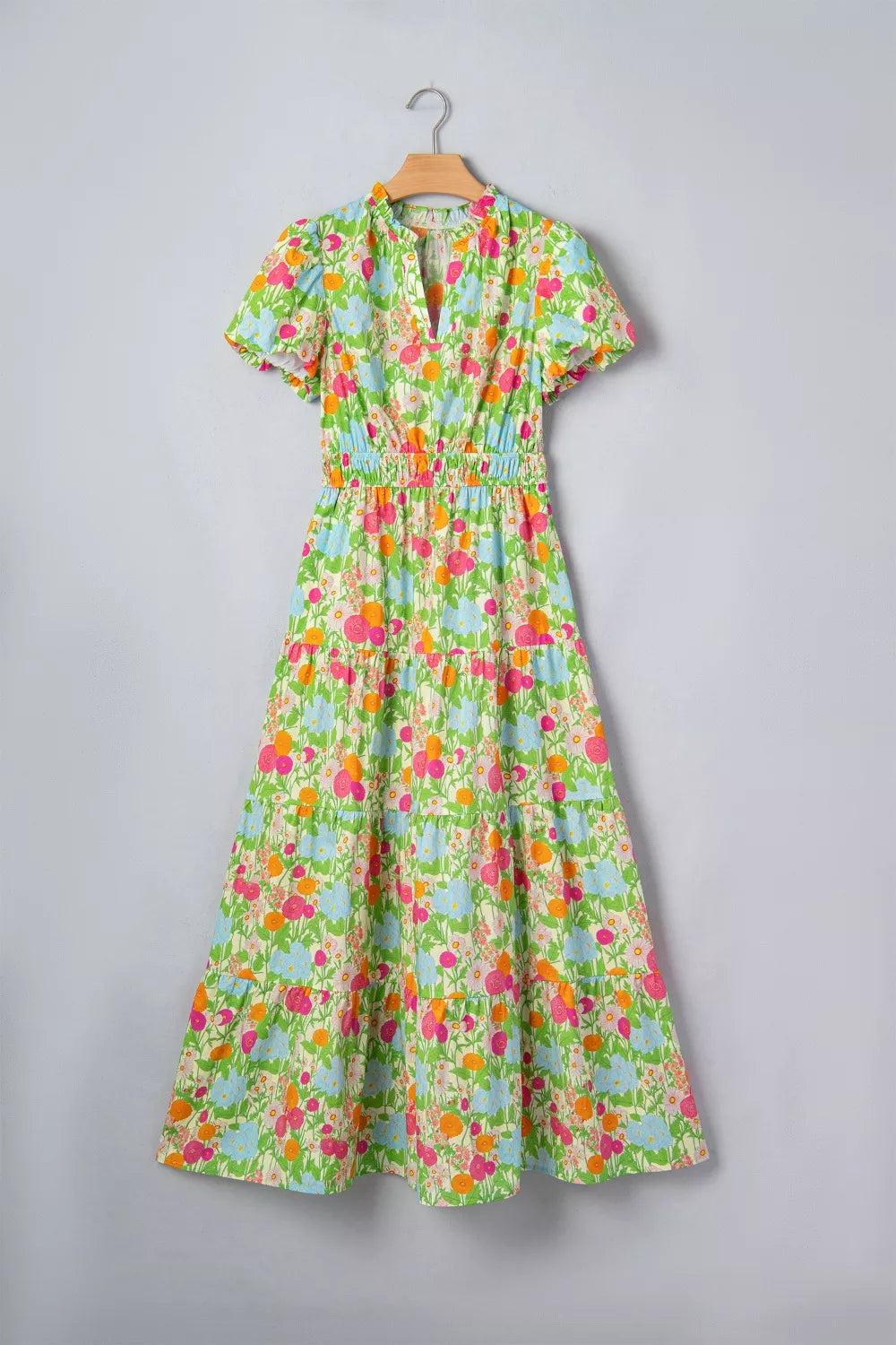 Floral Print V-Neck Puff Sleeve Cotton Maxi Dress in Lime