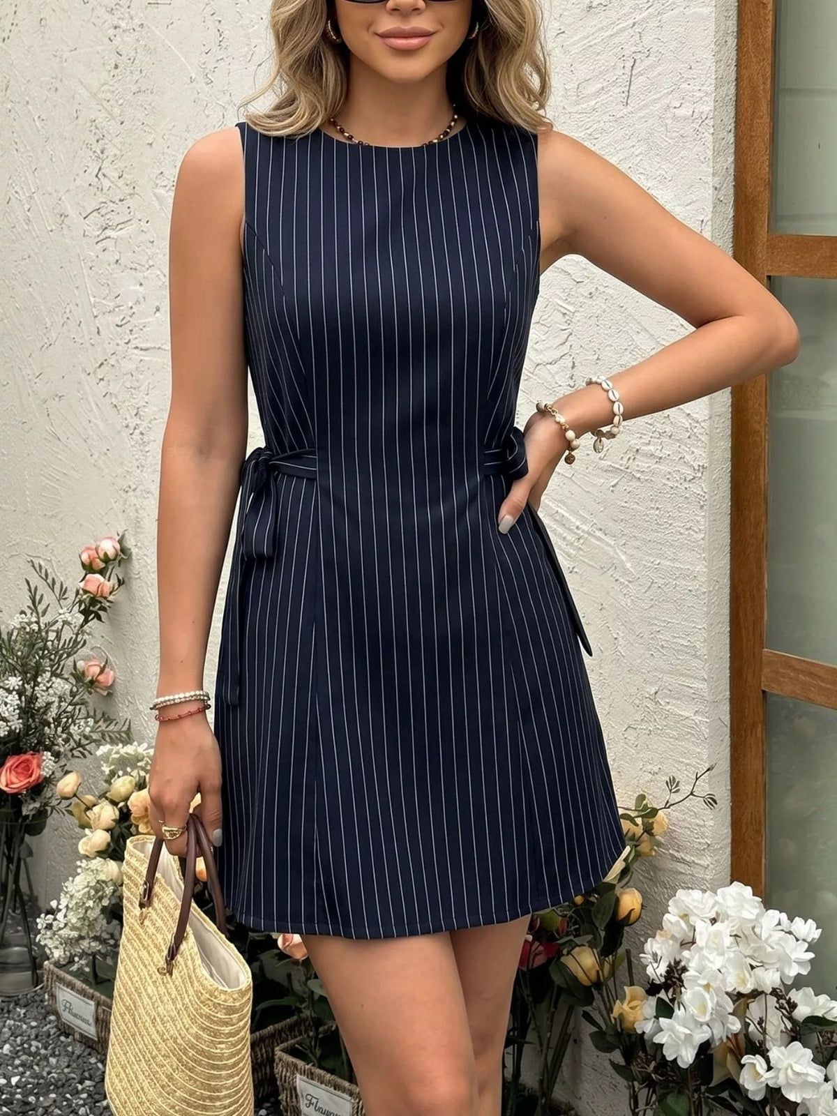 Striped Tie-Waist Dress in Navy Blue
