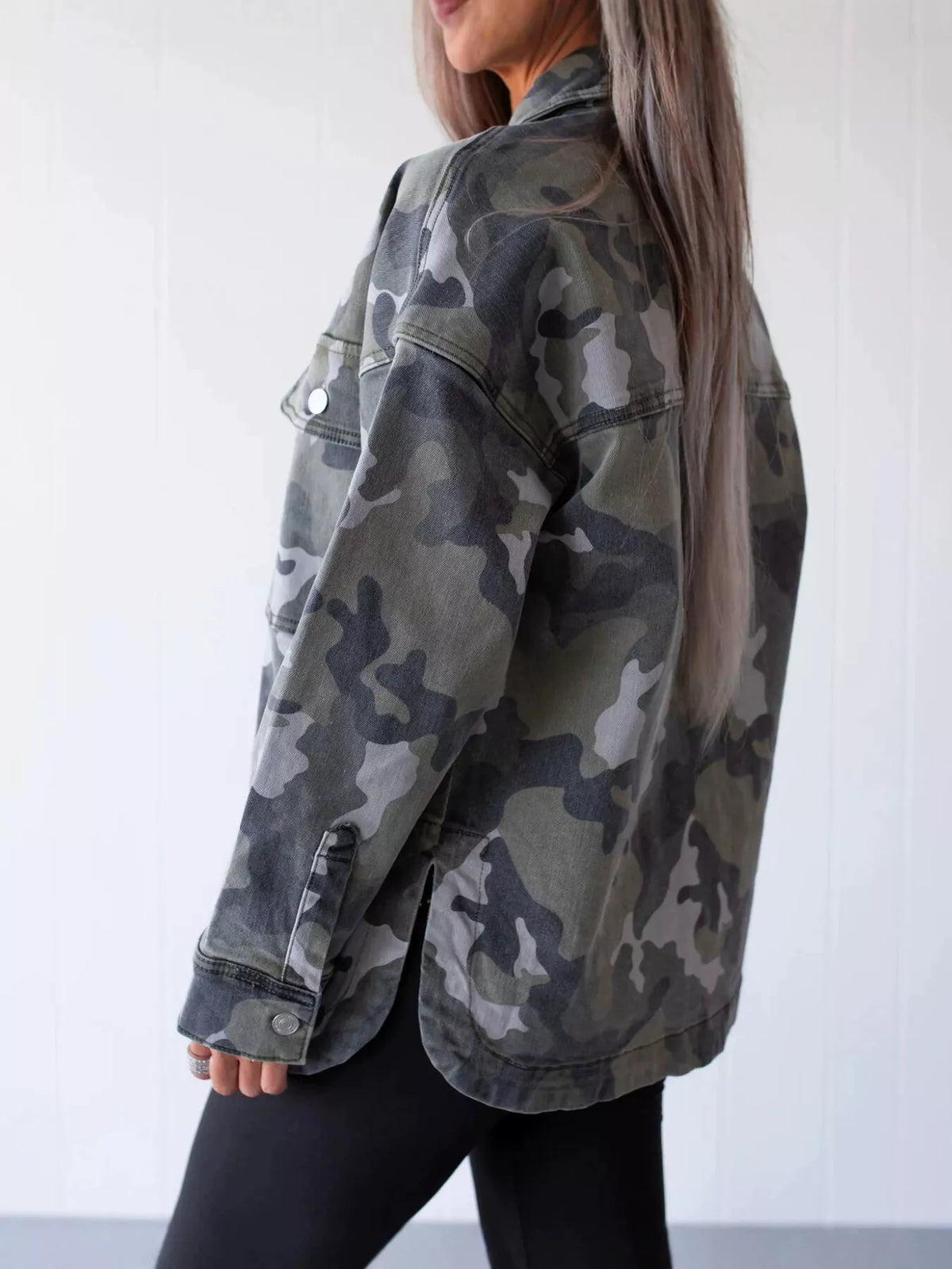 Oversized Camouflage Denim Jacket in Olive Green
