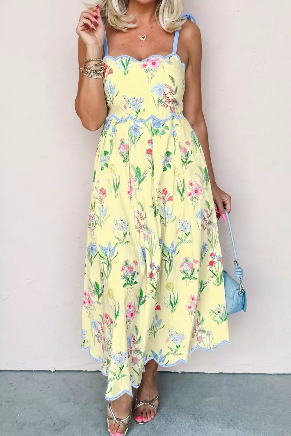 Floral Contrast Trim Tie Strap Midi Dress in Light Yellow