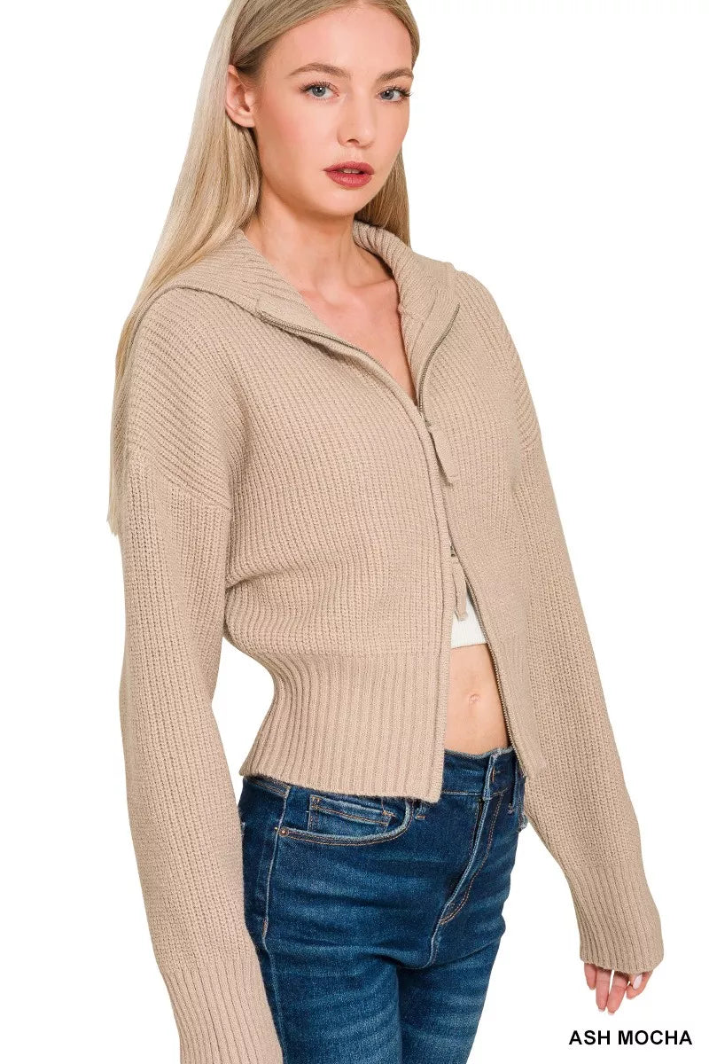 Zenana Ribbed Collared Zip-Up Cardigan in Ash Mocha