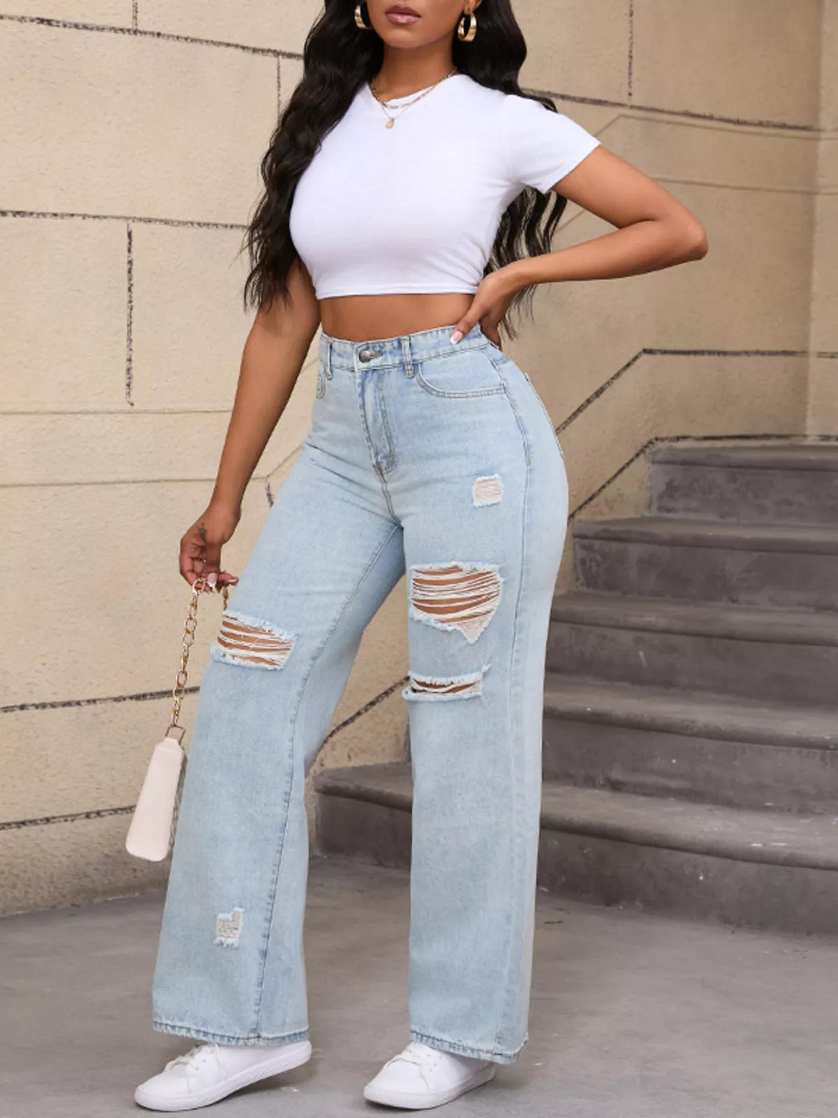 Distressed Wide Leg Jeans with Cat's Whisker Detail