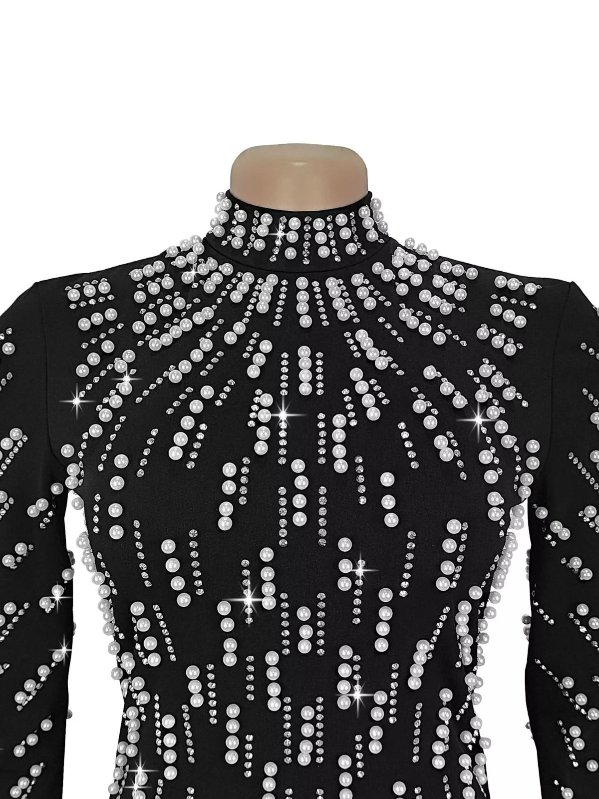 Pearl Detail Mock Neck Maxi Dress in Black