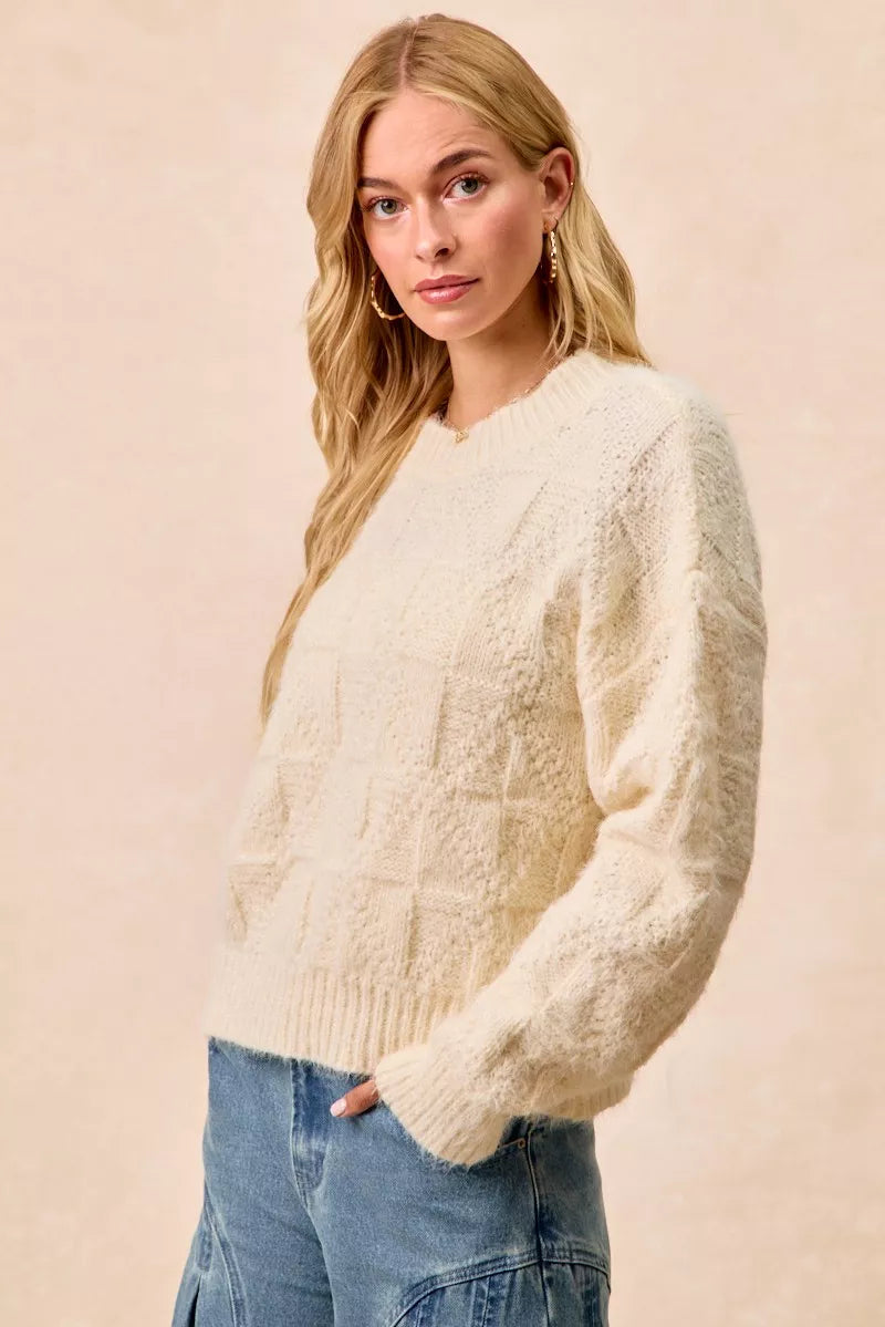 Checkerboard Drop Shoulder Sweater in Ivory by BiBi