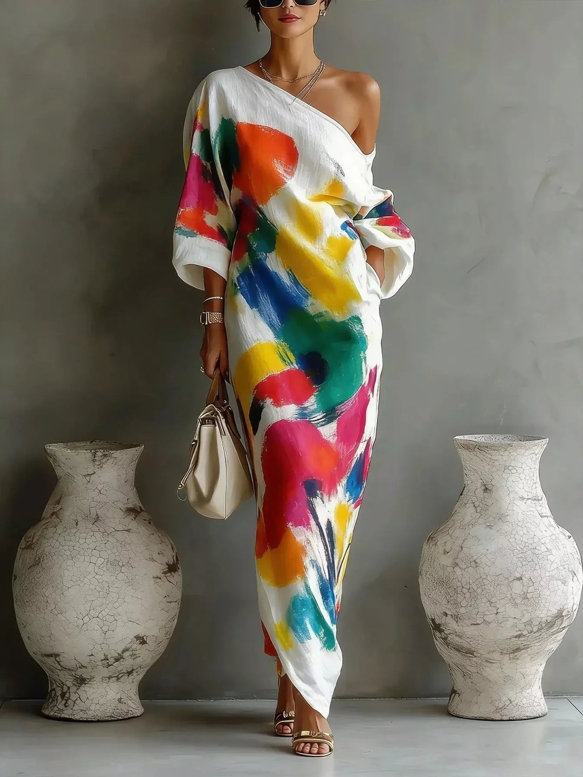 One-Shoulder Abstract Print Maxi Dress by Kaelinne