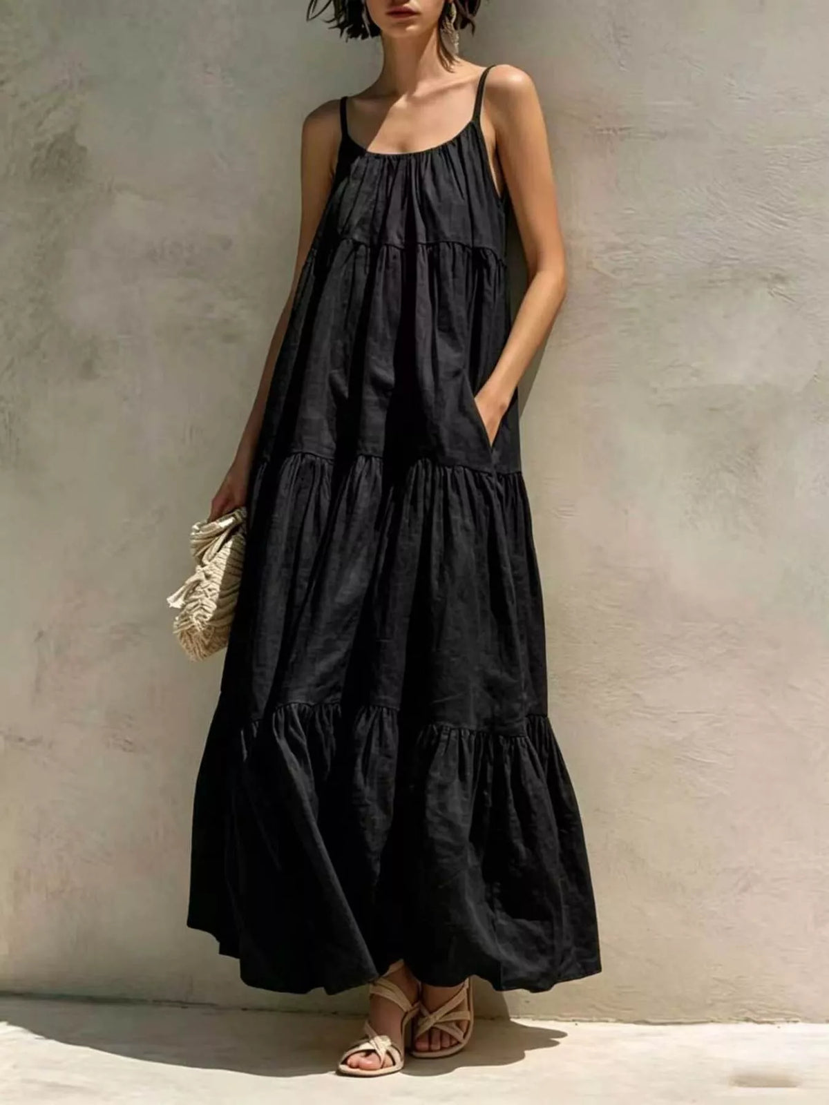 Tiered Scoop Neck Maxi Dress with Pockets