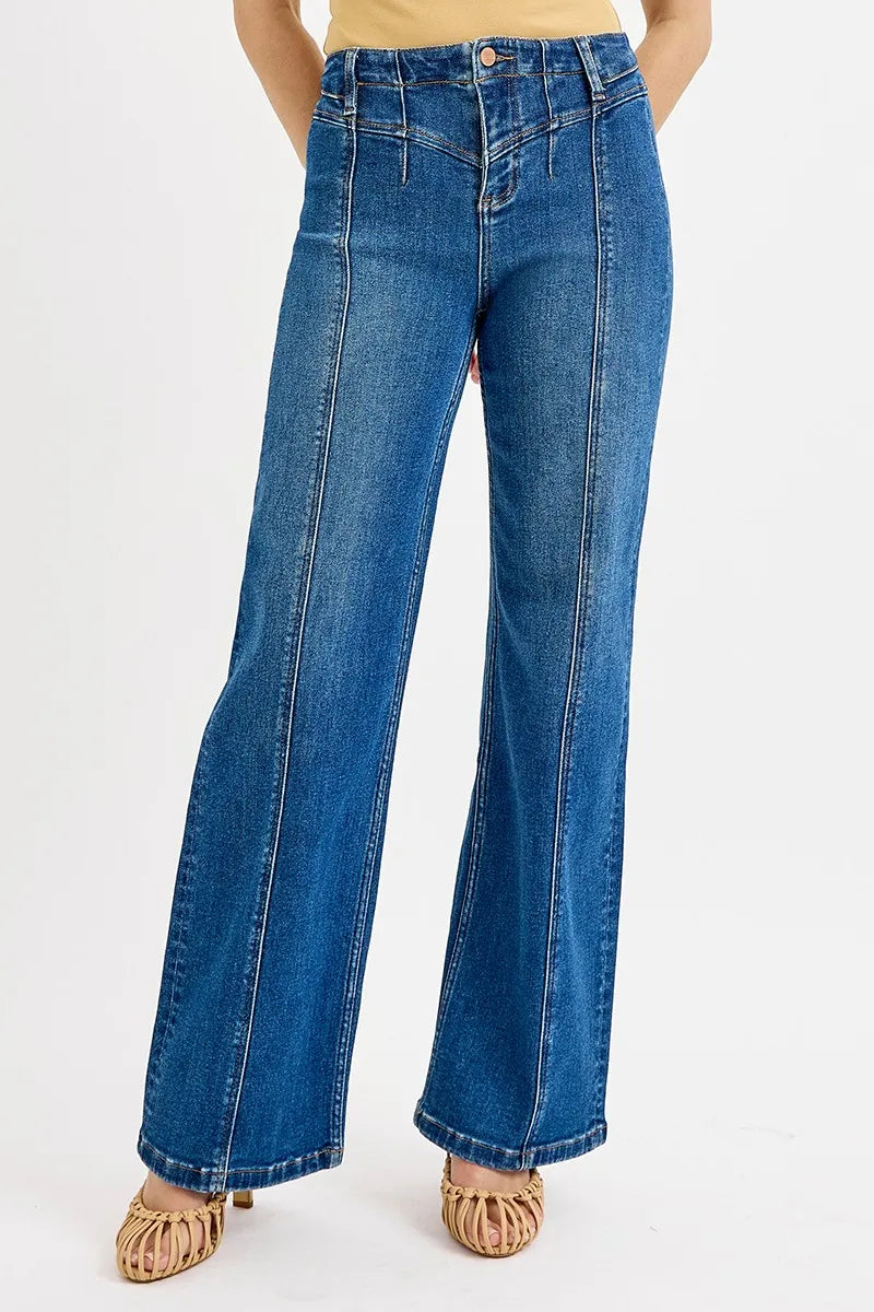 Risen Seam Detail Wide Leg Jeans in Dark Wash