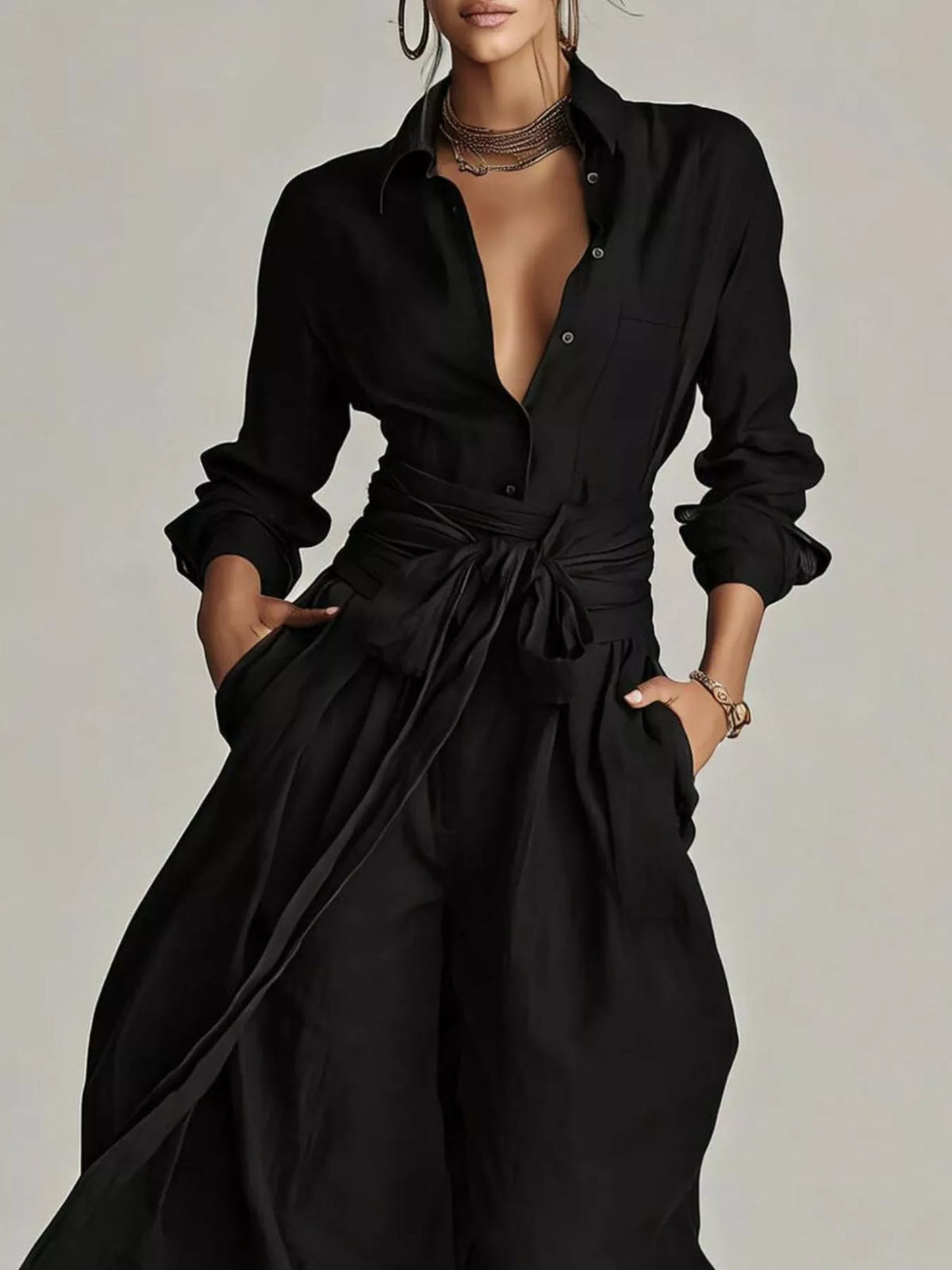Long-Sleeve Button-Down Waist-Tie Jumpsuit