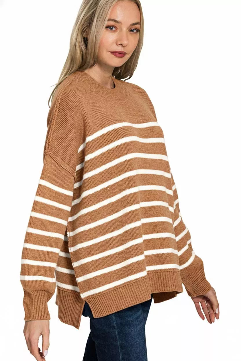 Zenana Exposed Seam Striped Sweater in Deep Camel