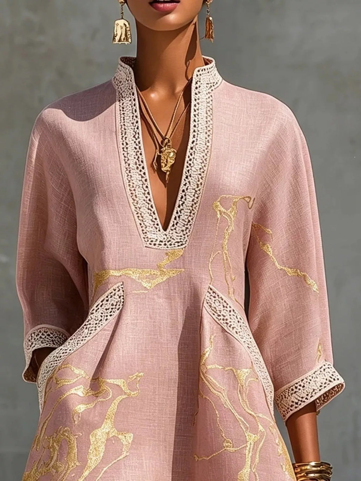 Notched 3/4 Sleeve Lace Mini Dress