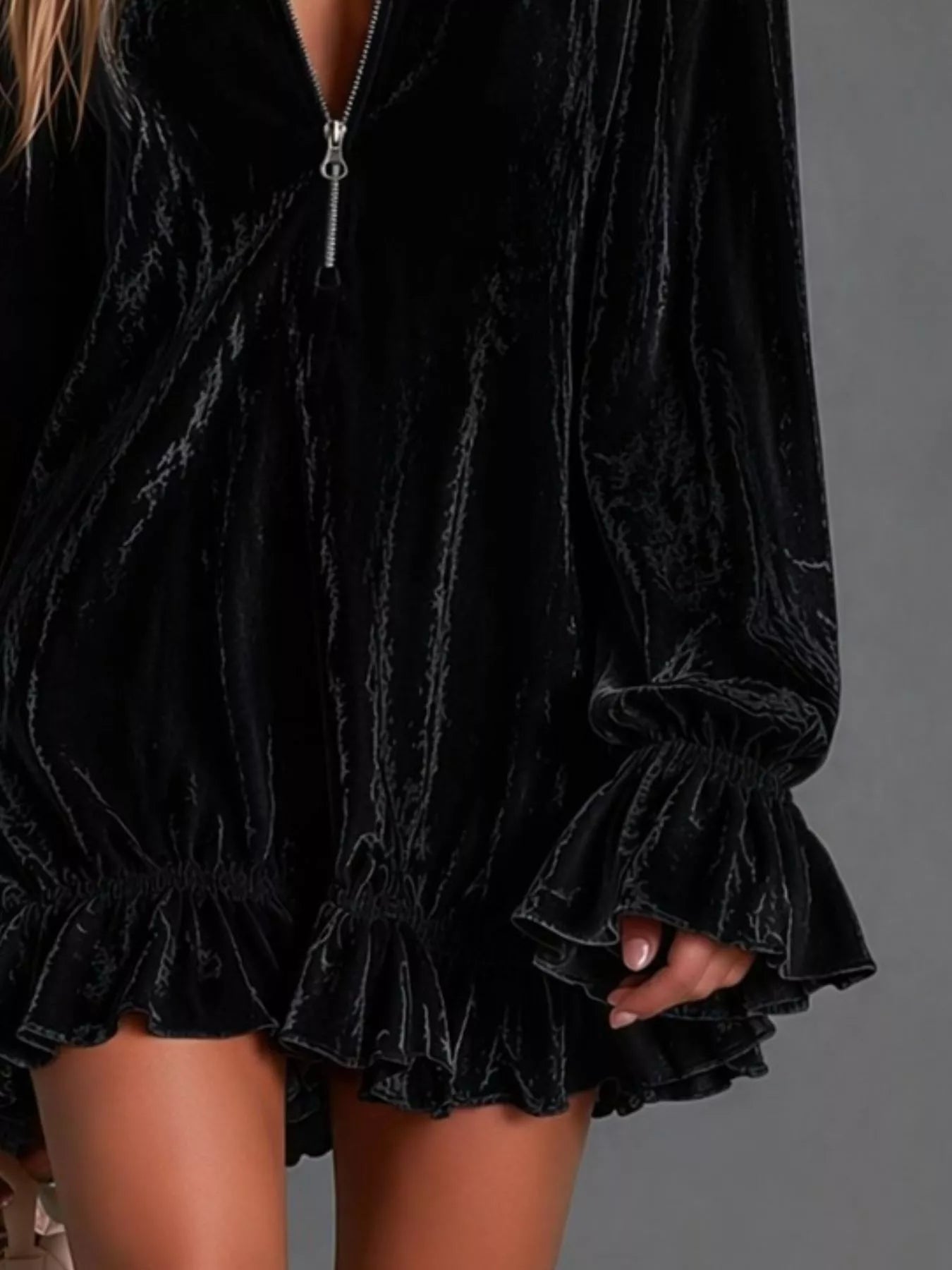 Zip-Front Ruffle-Hem Mini Dress