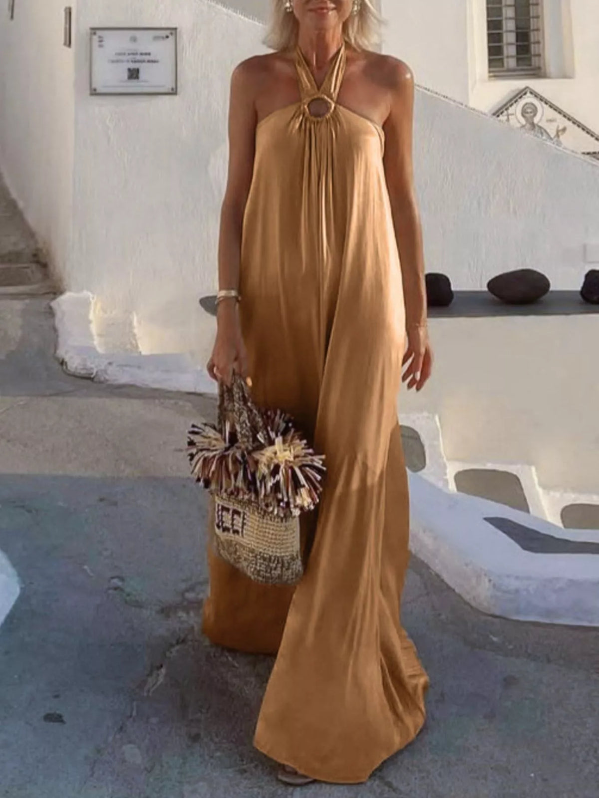 Halter Neck O-Ring Maxi Dress in Khaki