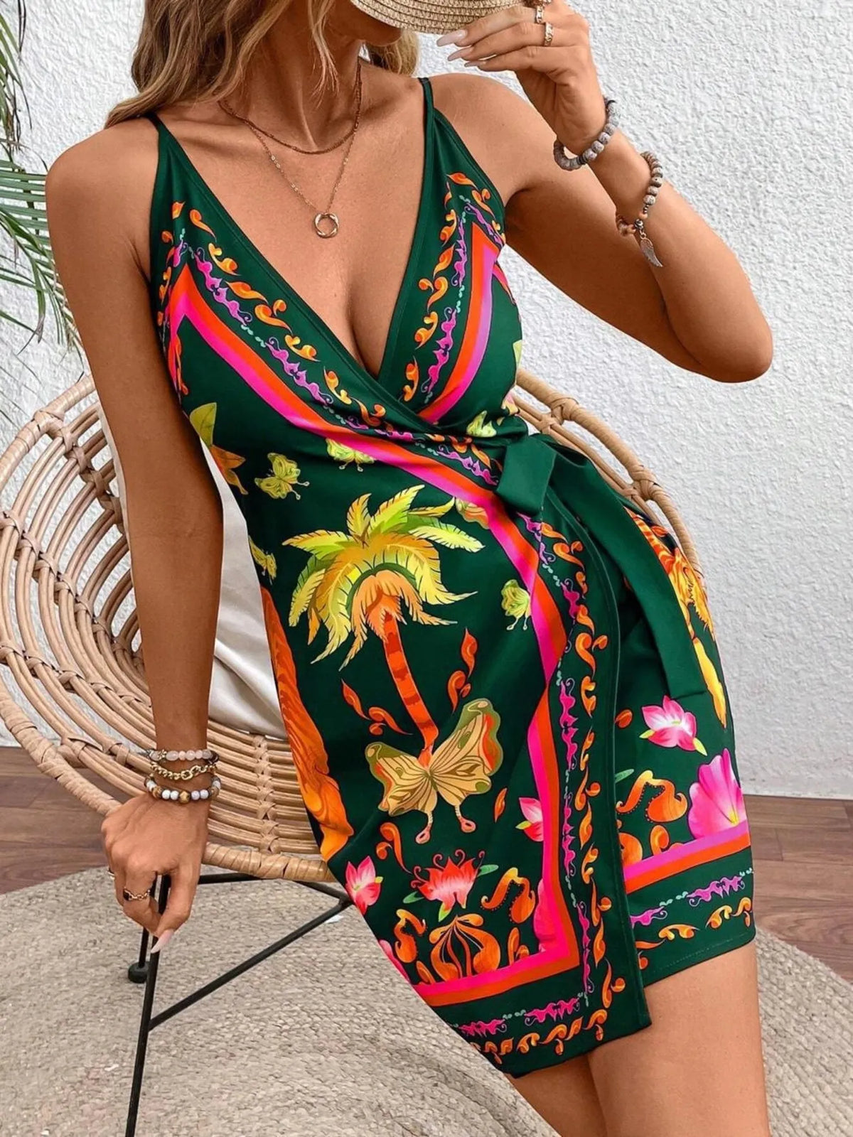 Floral Spaghetti Strap Wrap Mini Dress by Rosaline