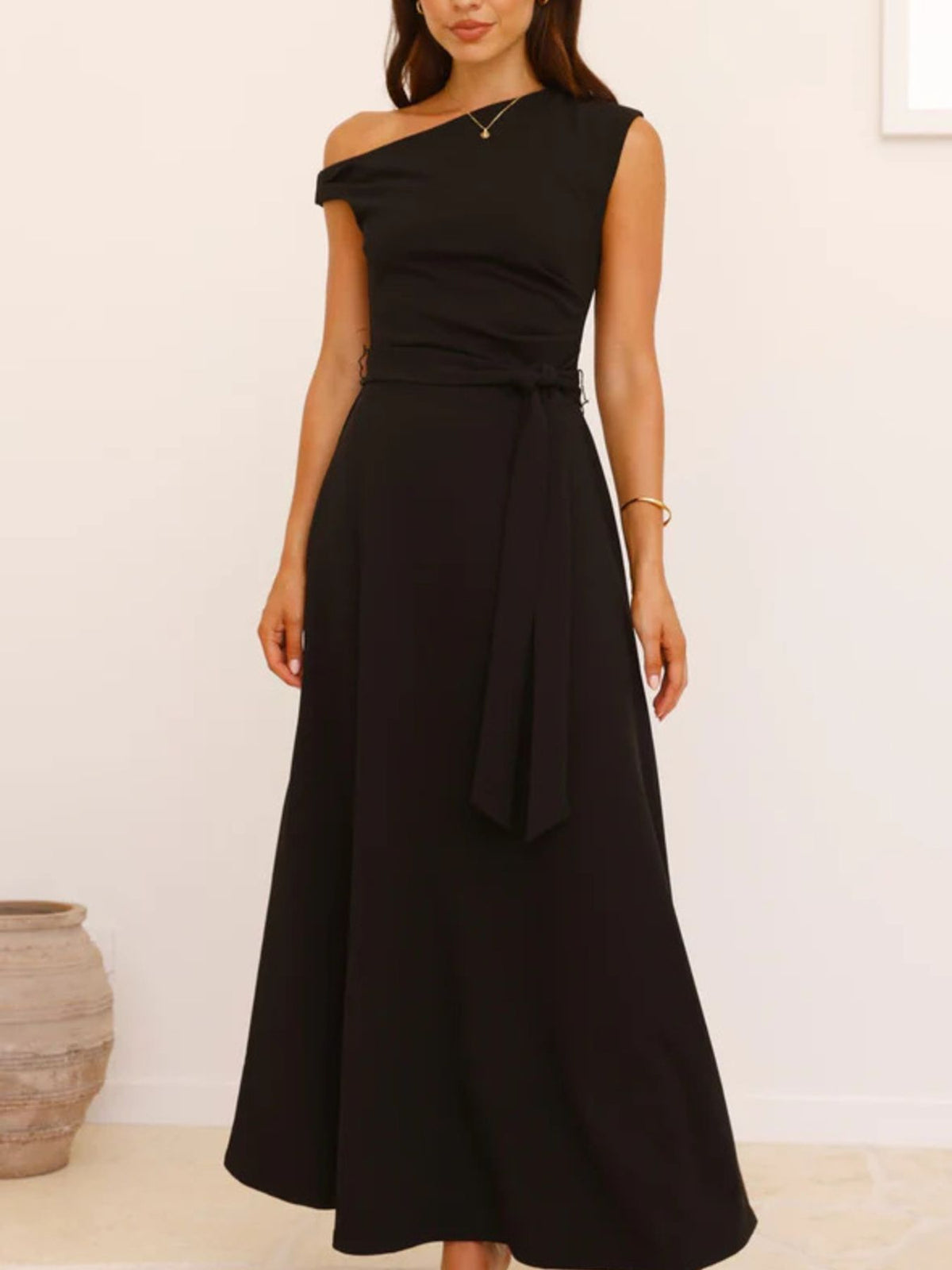 One-Shoulder Tie Waist Maxi Dress