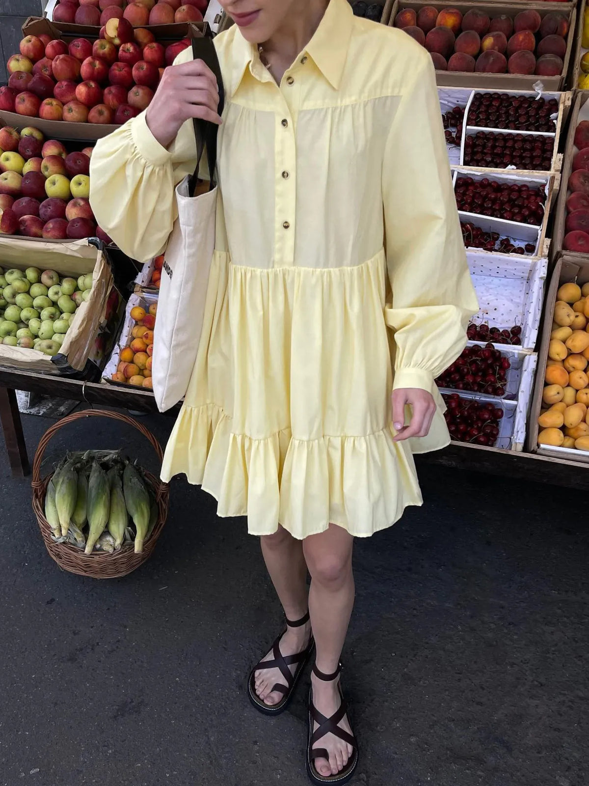 Tiered Ruffle Long Sleeve Shirt Dress