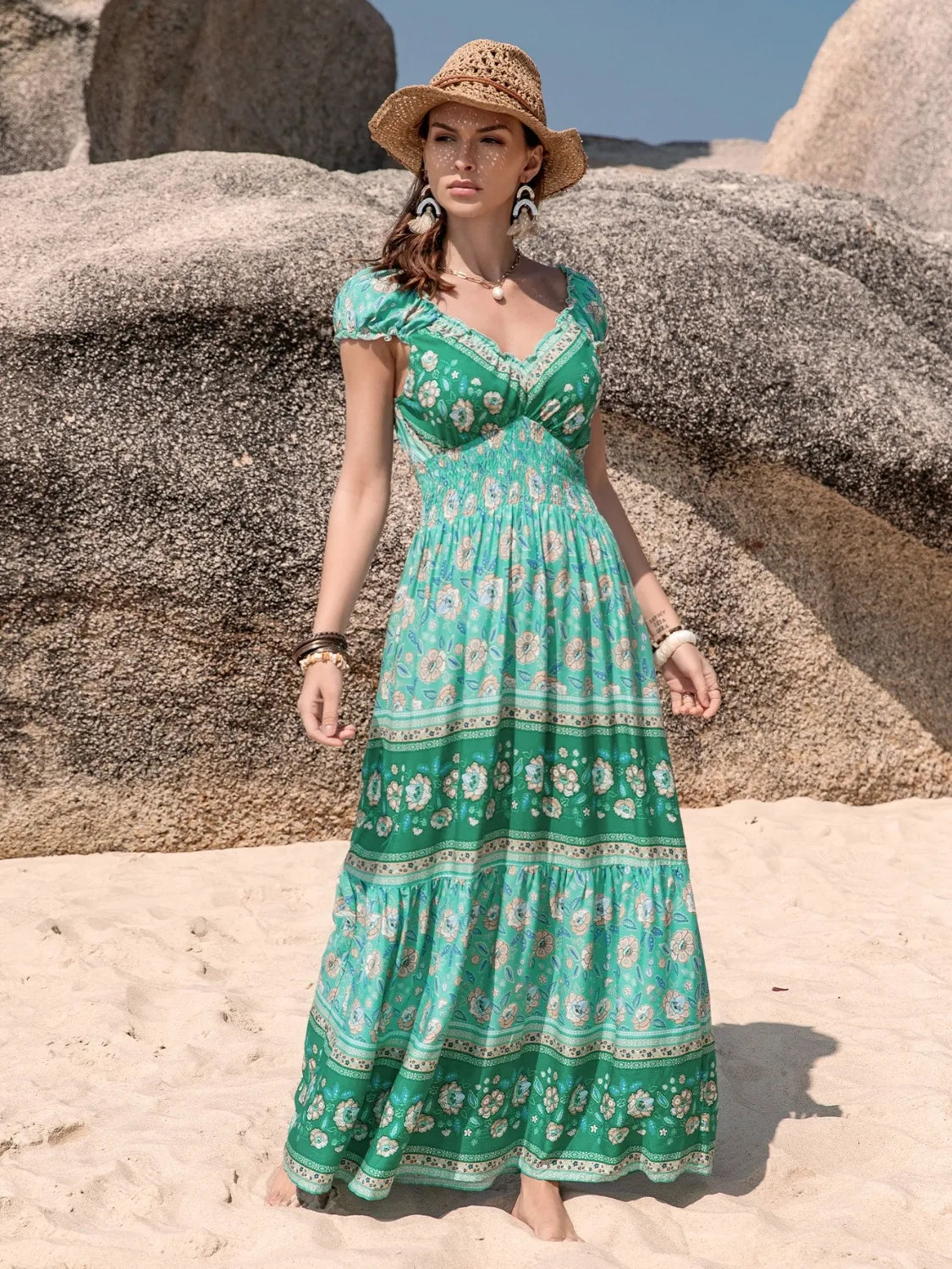 Smocked V-Neck Dress in Green