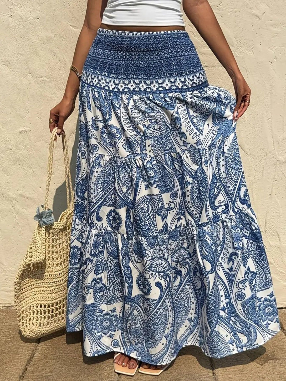 Smocked Paisley Print Maxi Skirt