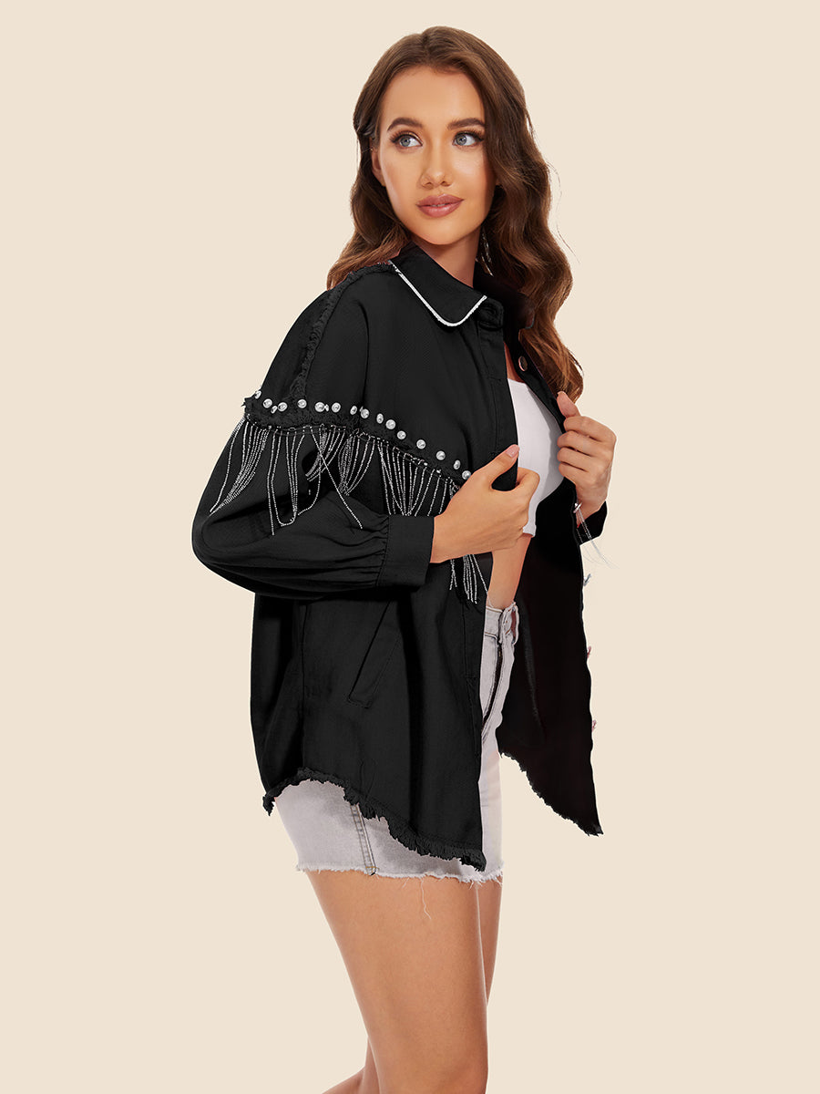 Raw Hem Fringe Detail Denim Jacket by Y.Y@Denim