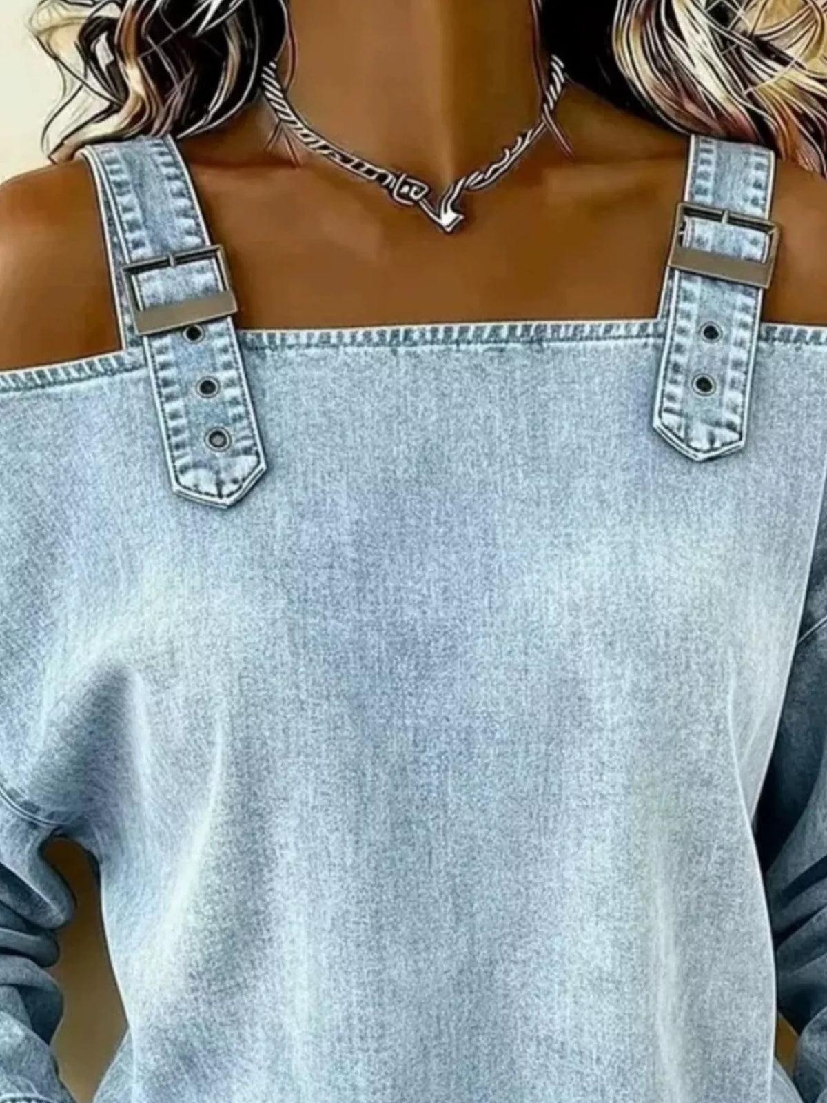 Long Sleeve Buckle Strap Denim Top