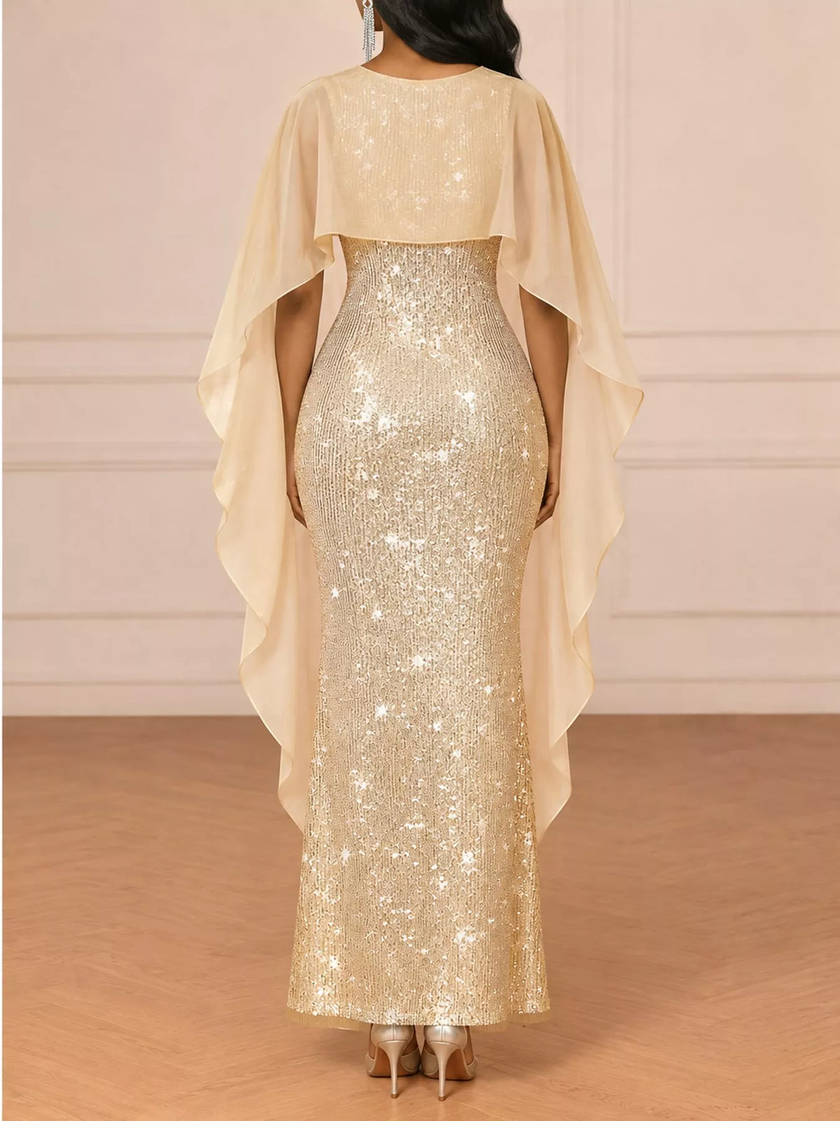 Sequin Cape-Overlay Evening Dress