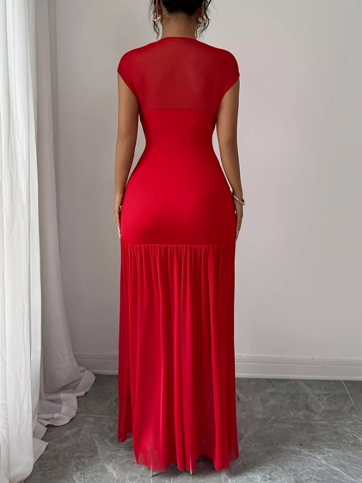 Ruched Cap Sleeve Maxi Dress in Red