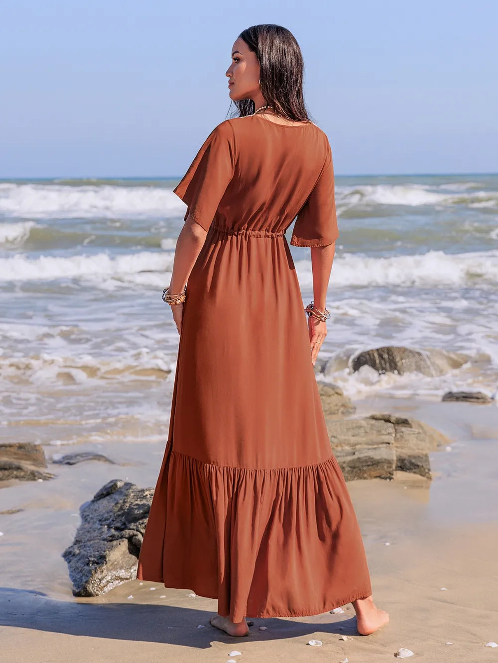 Ruffled Tassel Flutter Sleeve Dress in Terracotta