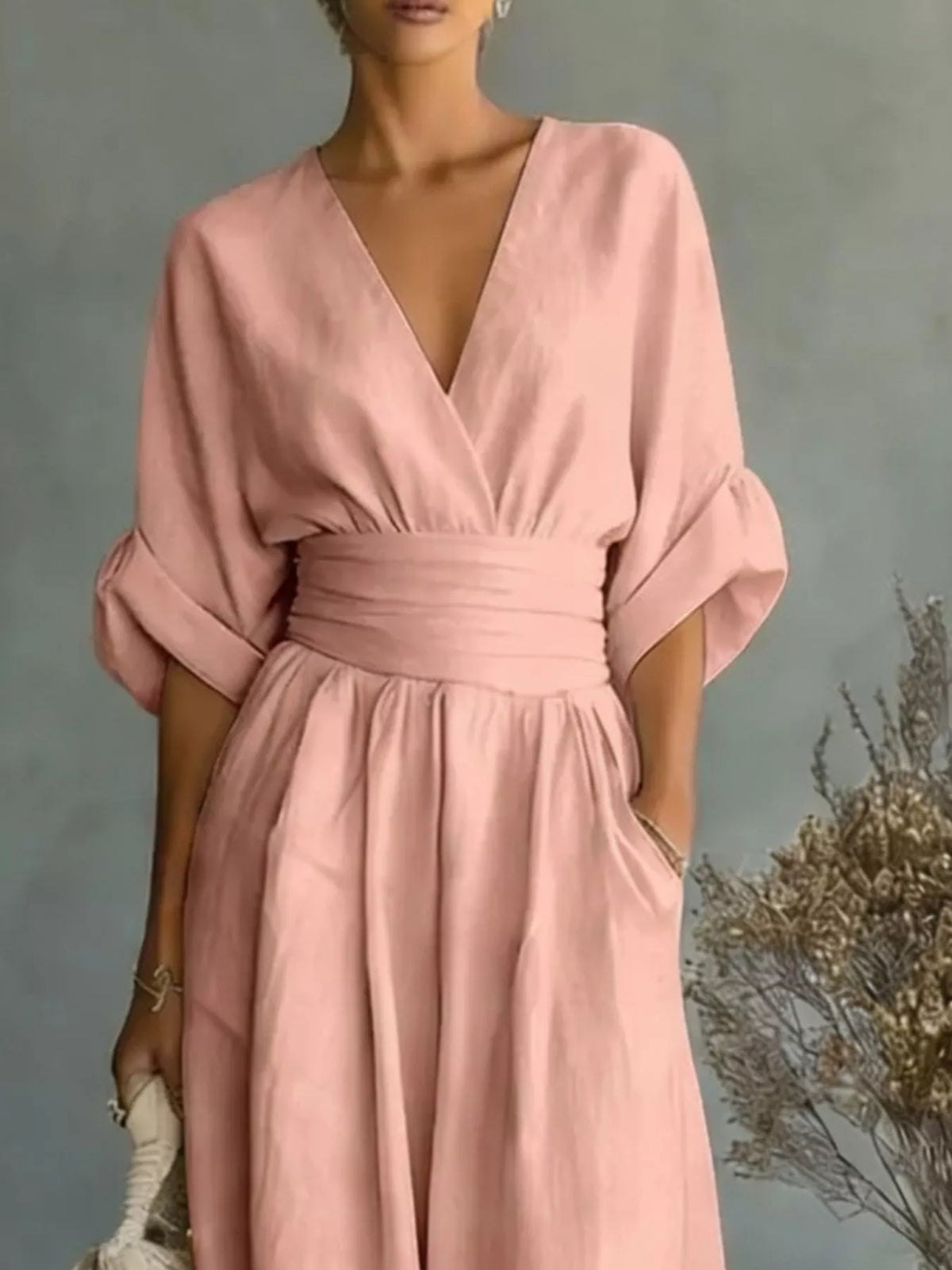 Ruched Half Sleeve Wide-Leg Jumpsuit