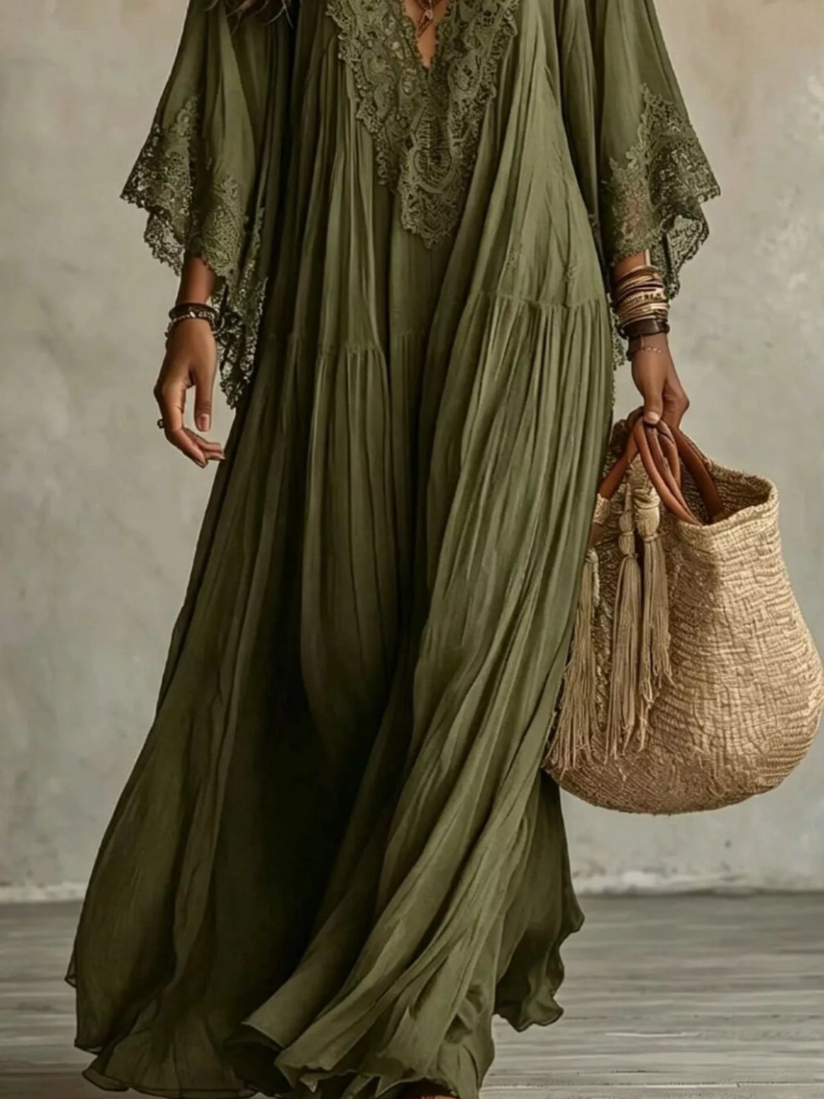 Lace Trim Tiered V-Neck Maxi Dress