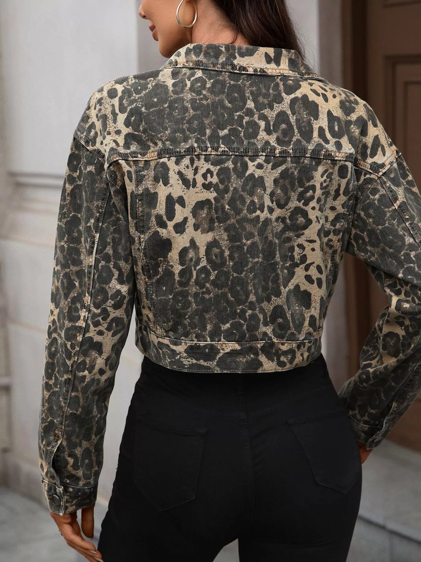 Leopard Button-Up Cropped Denim Jacket by Moni Wear