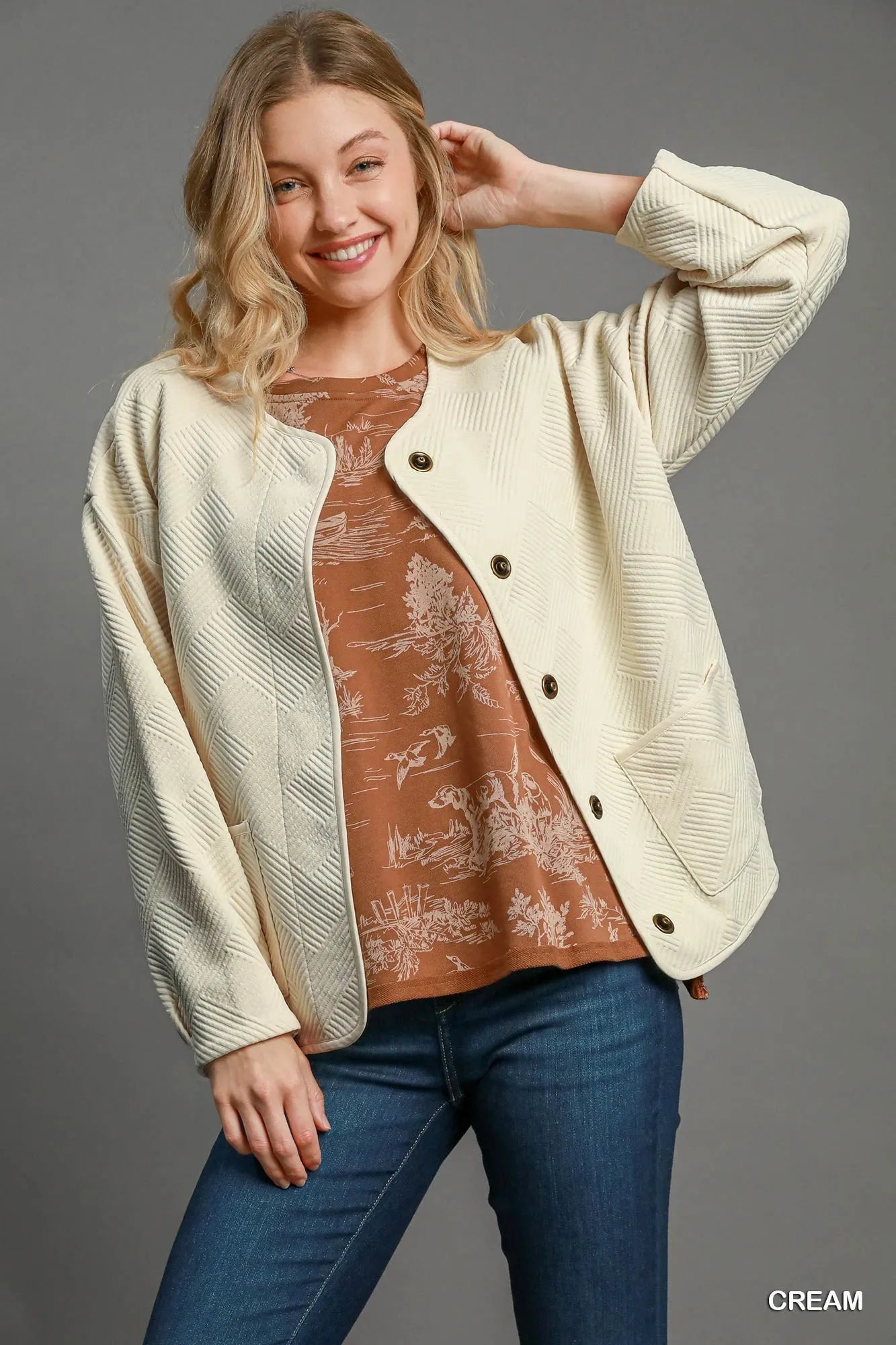 Umgee Textured Jacquard Jacket in Cream