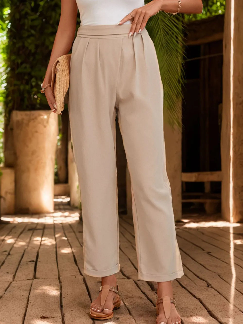 Ruched Half-Elastic Waist Pants in Dust Storm