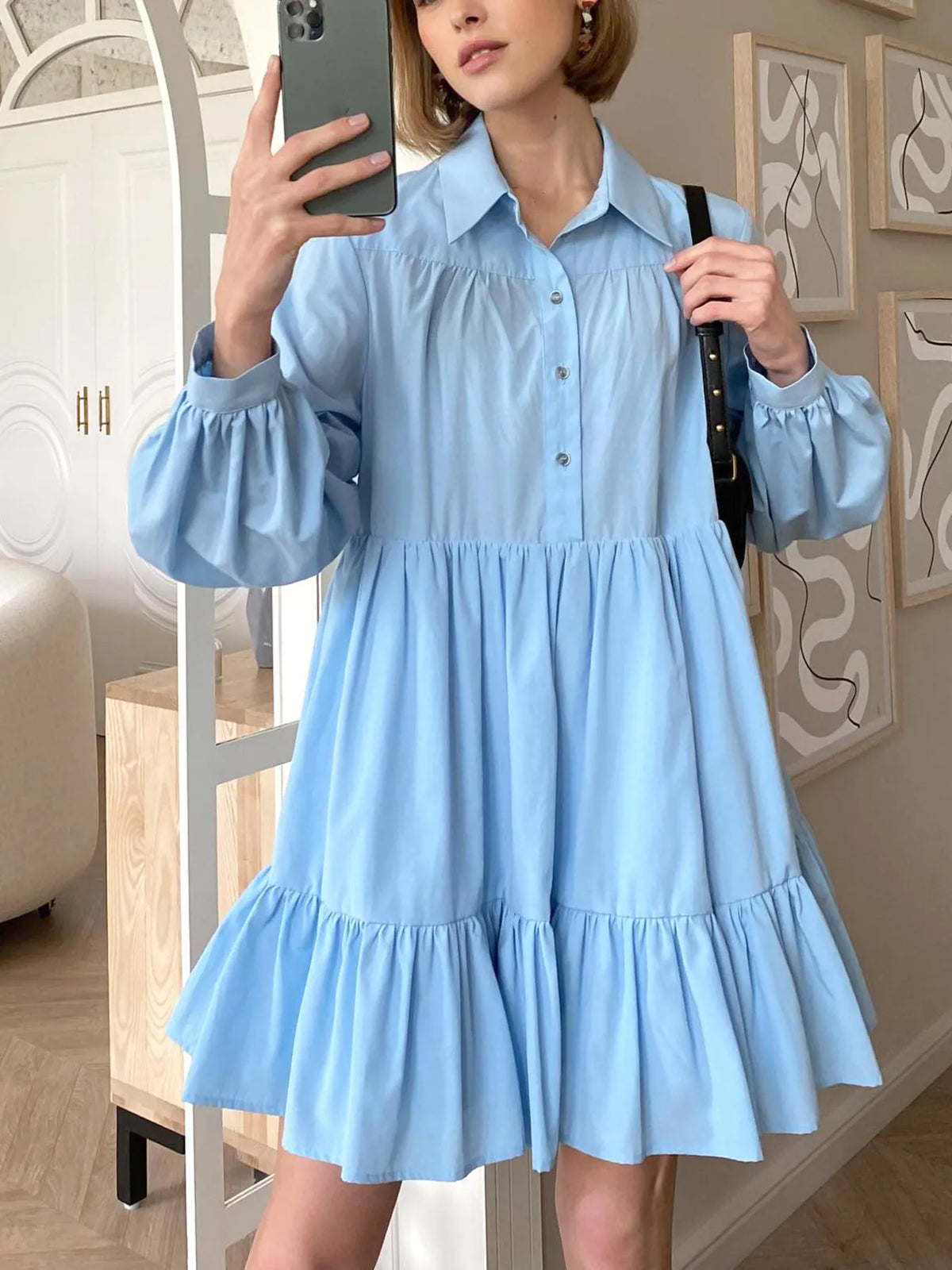 Tiered Ruffle Long Sleeve Shirt Dress