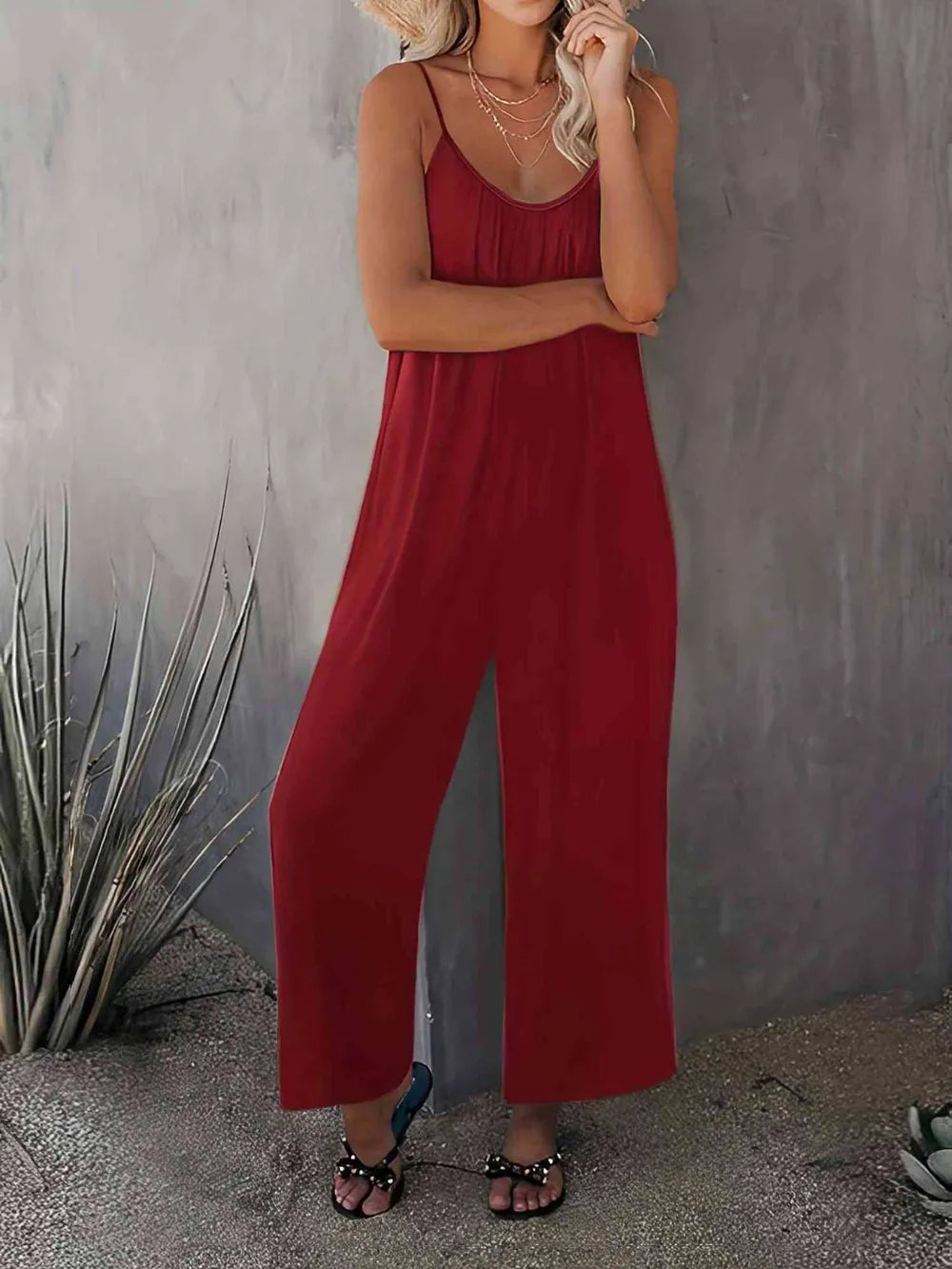 Scoop Neck Spaghetti Strap Jumpsuit in Burgundy
