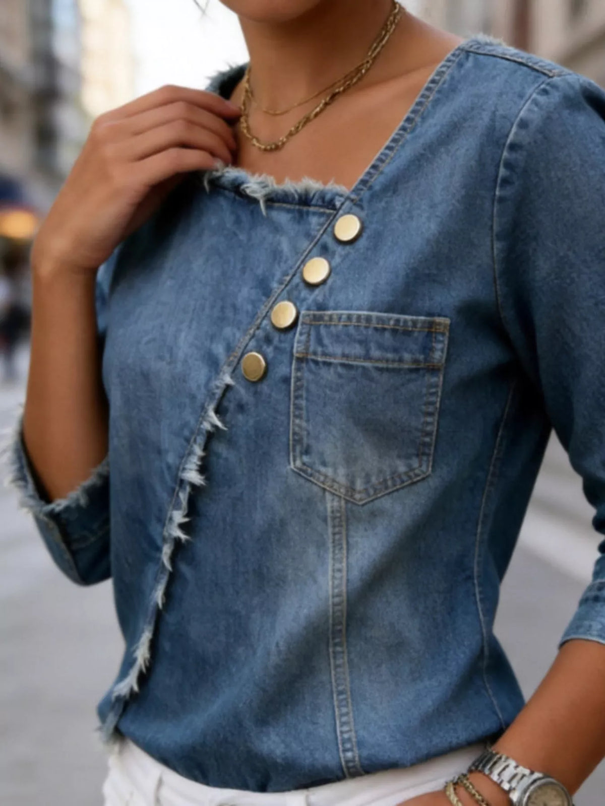Asymmetric Raw-Edge Denim Top in Navy Blue