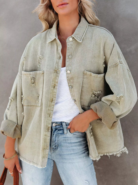 Distressed Raw Hem Denim Jacket