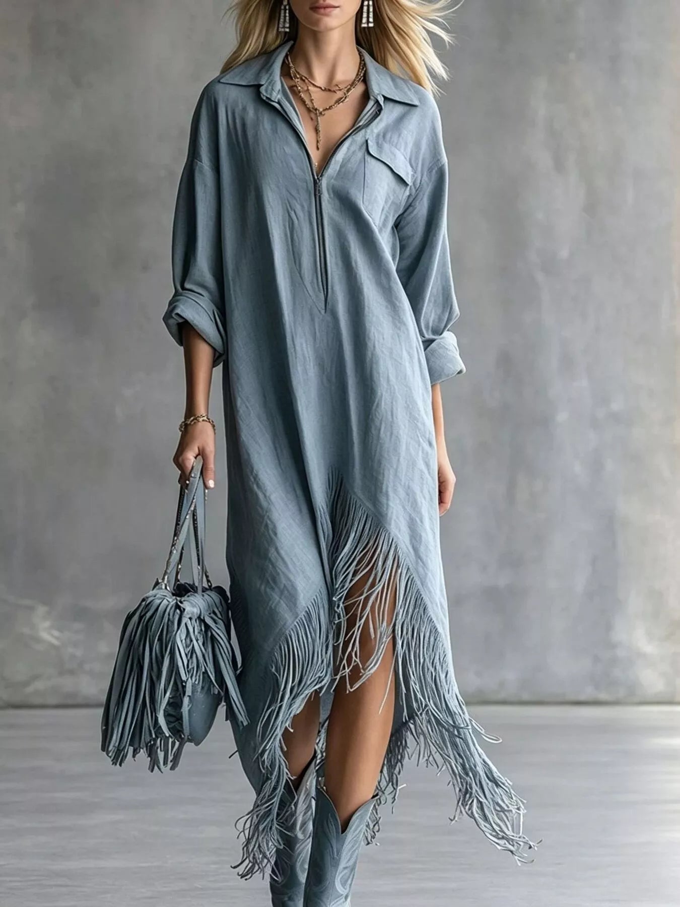 Fringe Hem Zip-Front Shirt Dress