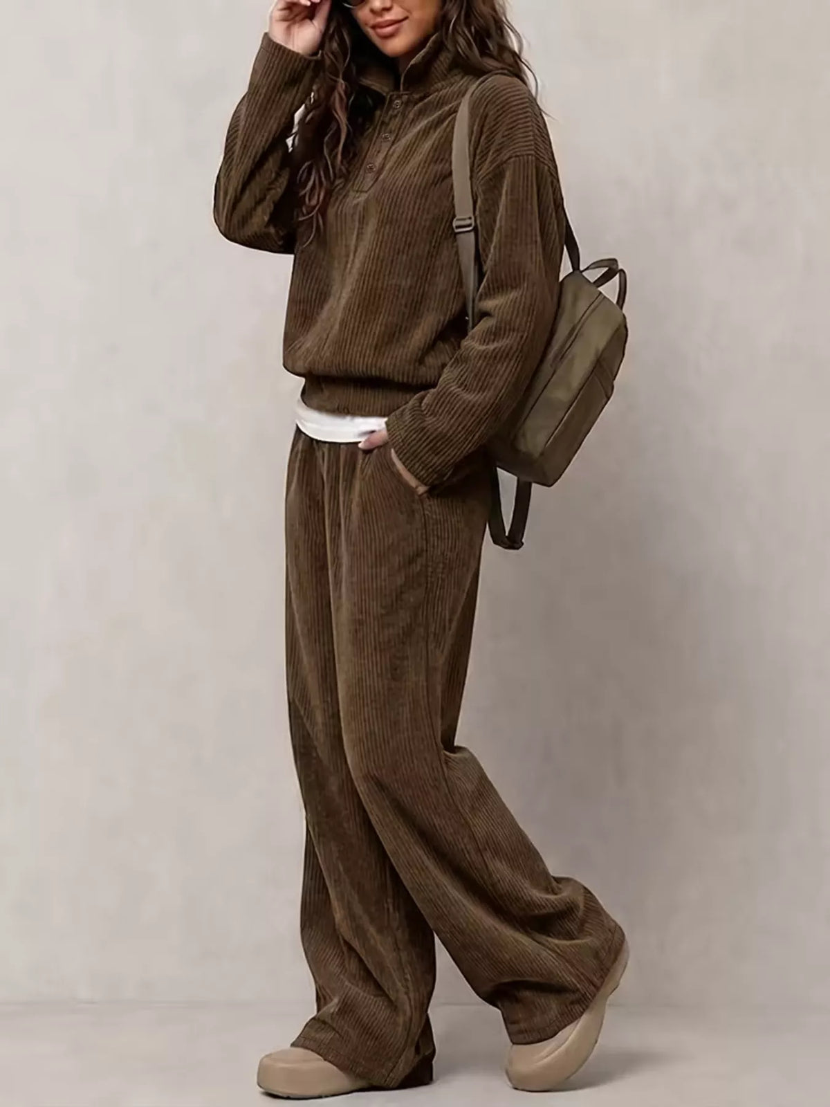 Corduroy Button-Front Top and Wide Leg Pants Set