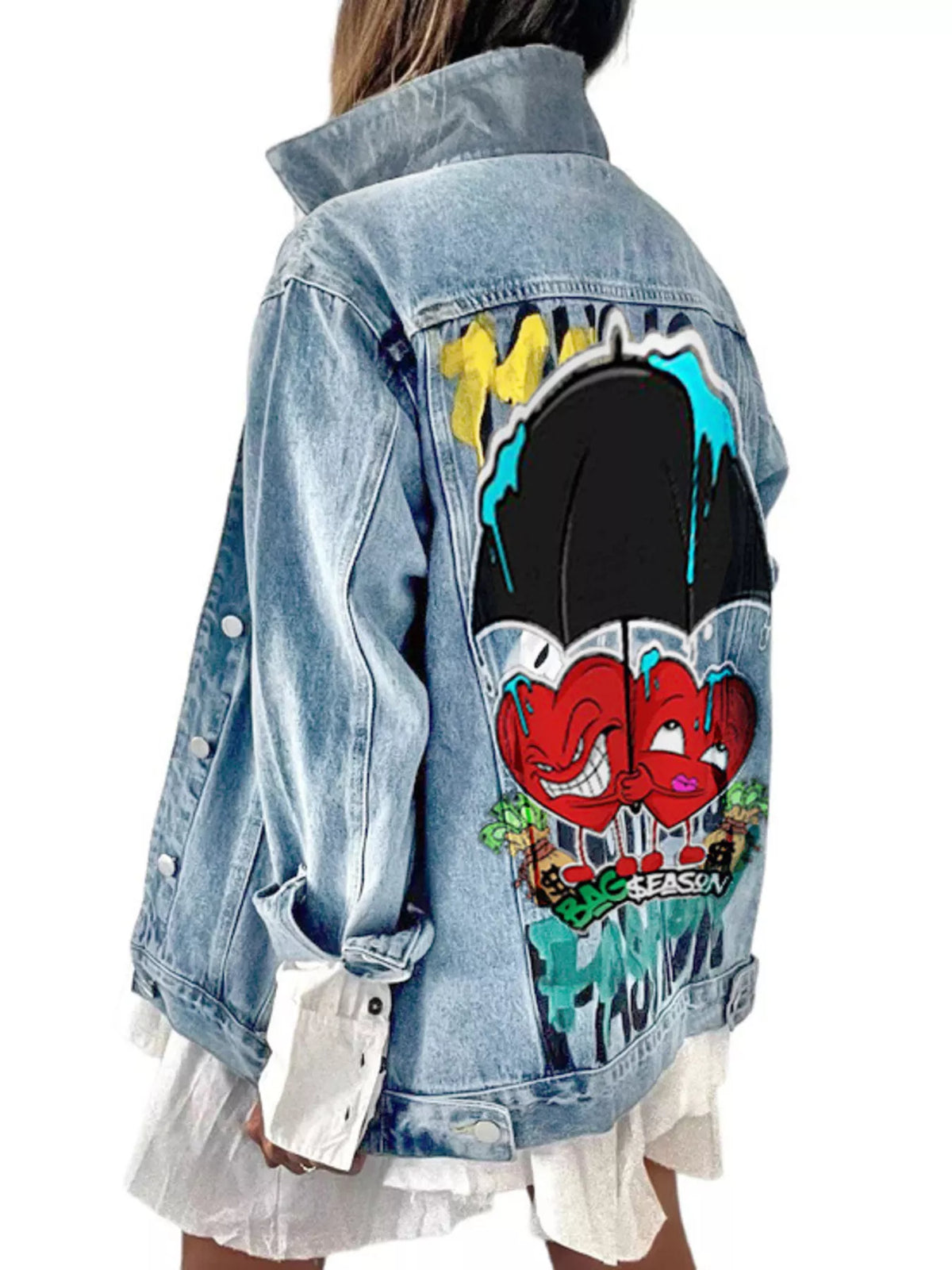Heart & Umbrella Graphic Denim Jacket in Light Blue