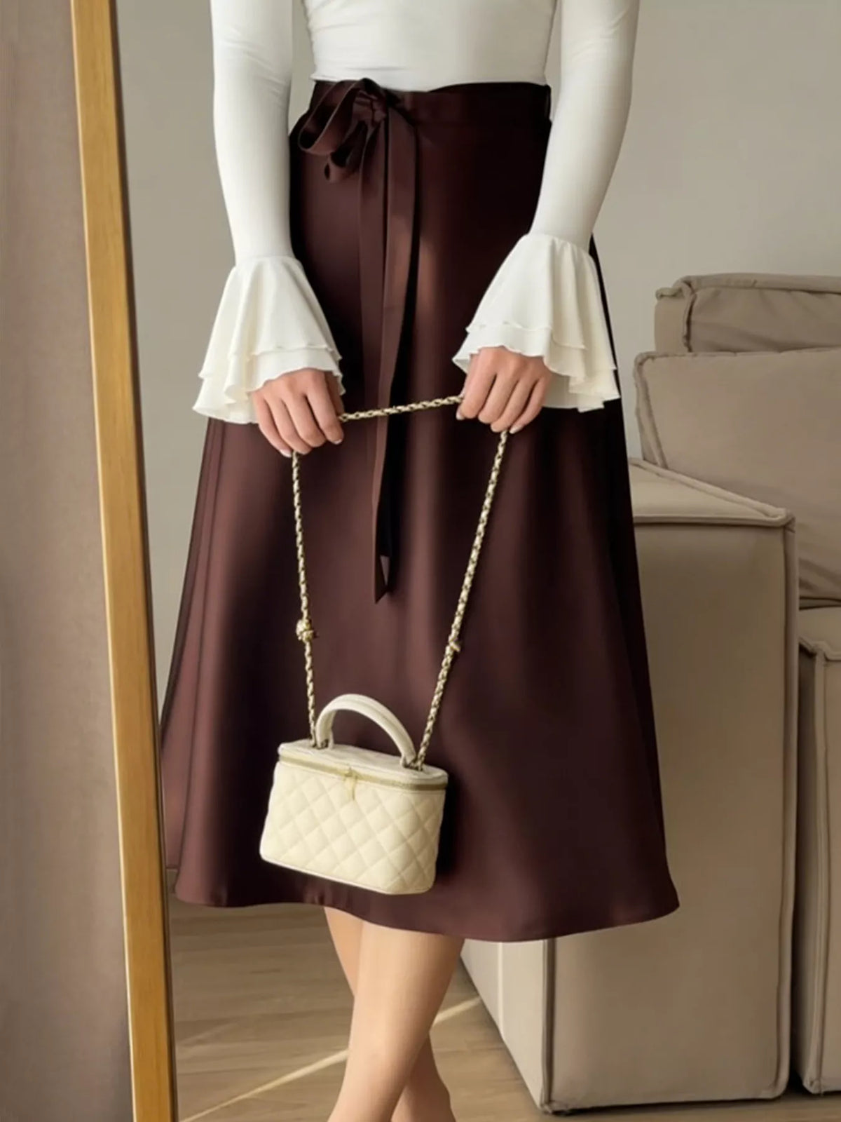 Satin A-Line Midi Skirt in Burgundy
